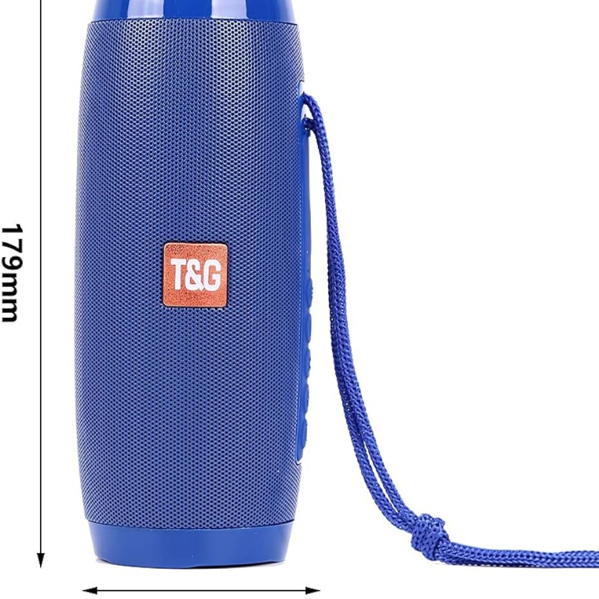 Blauer zylindrischer Lautsprecher mit Riemen. Weißer Hintergrund.