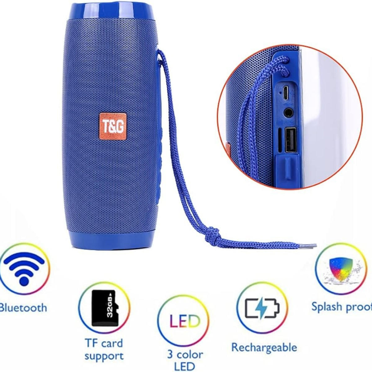 Blauer zylindrischer Lautsprecher mit Bluetooth und TF-Kartenunterstützung. Text: T&G, LED, wiederaufladbar.