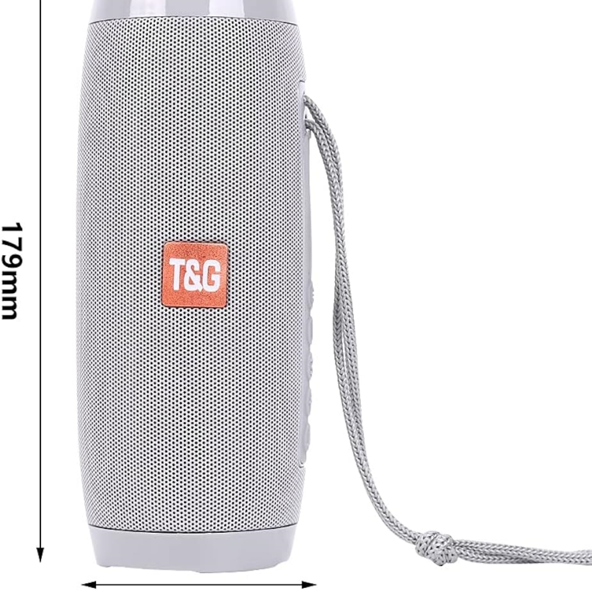 Weißer Lautsprecher mit grauen Details und der Marke „T&G“. Er hat einen Tragegurt. Abmessungen angegeben.
