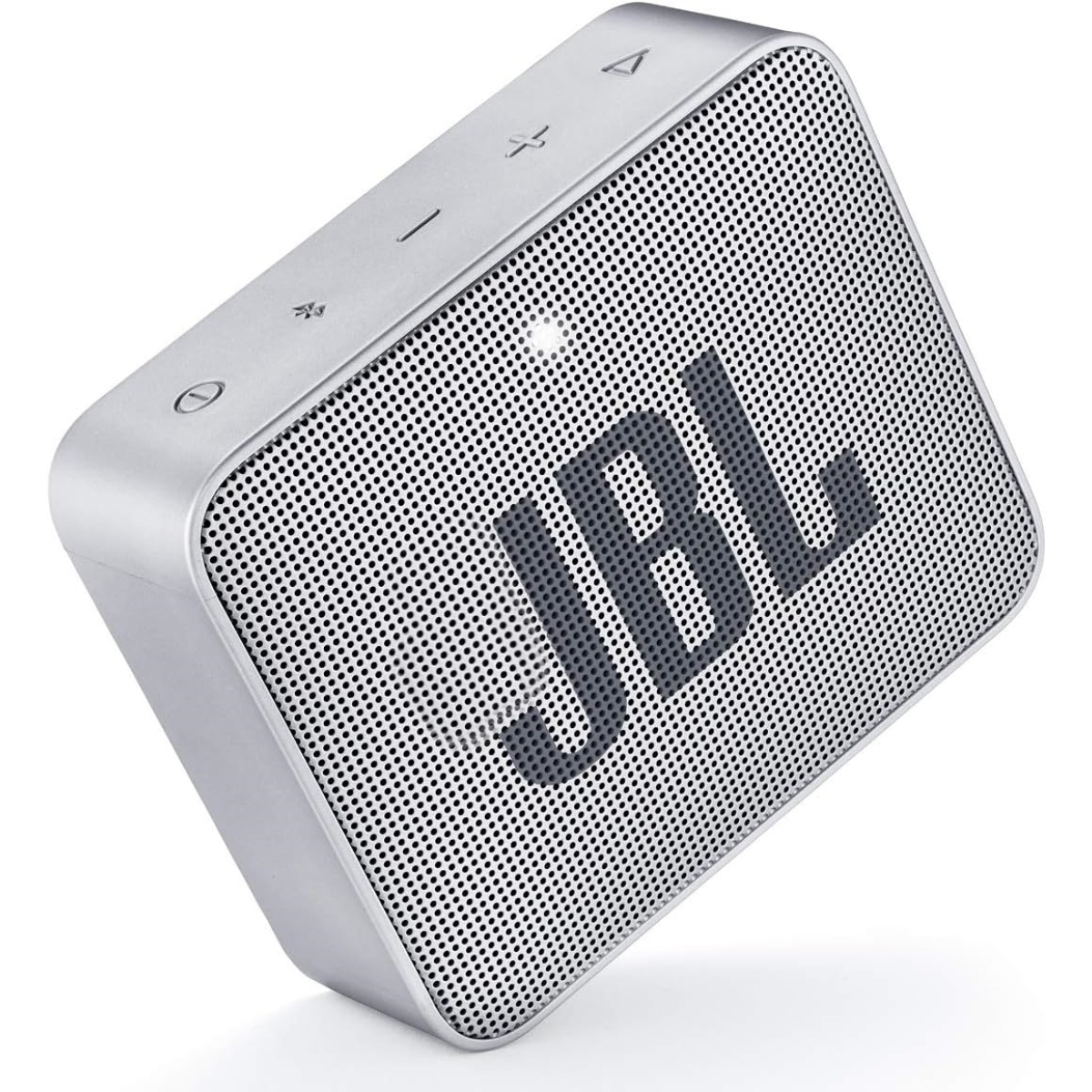 Silberner JBL-Lautsprecher mit schwarzem JBL-Logo, nach oben geneigt.