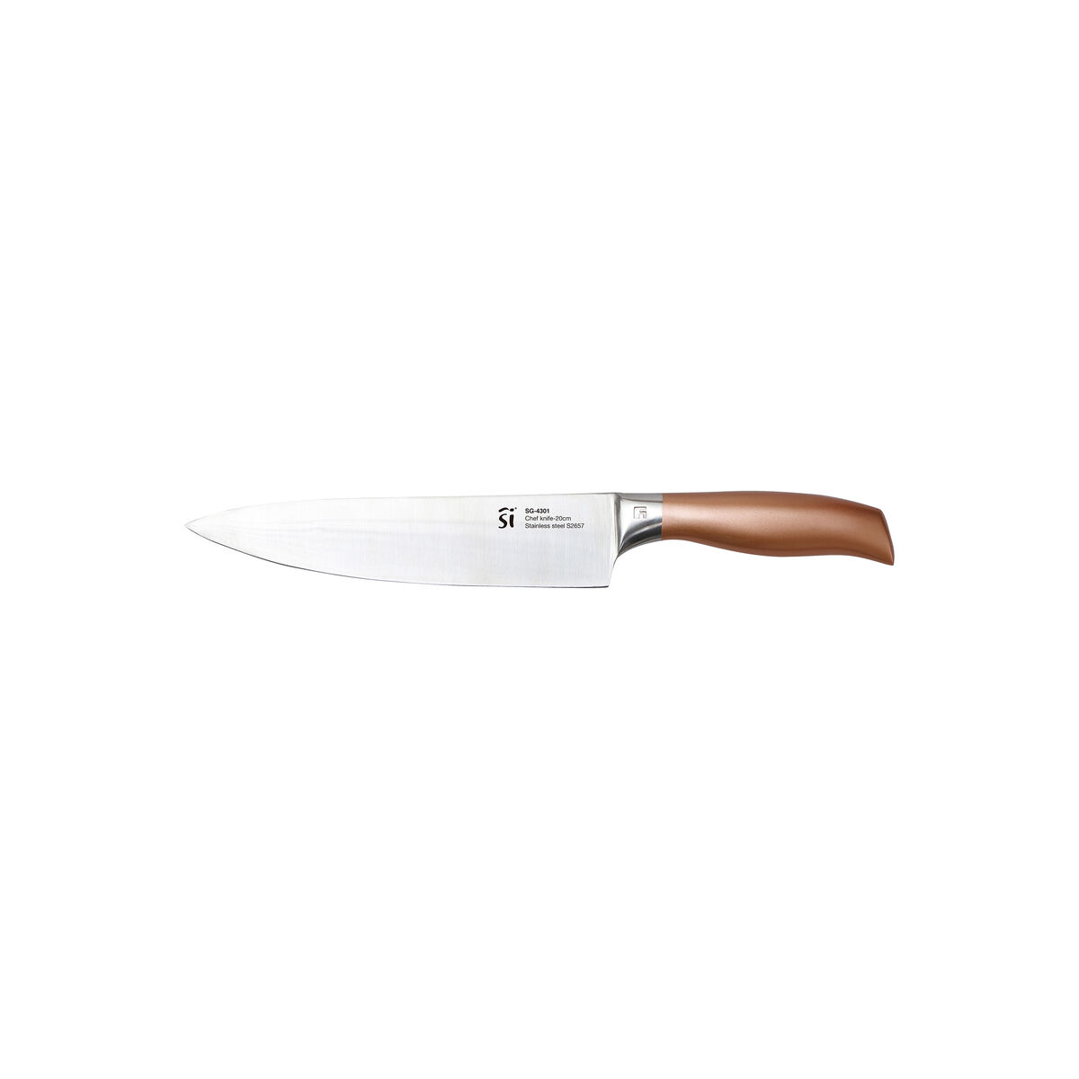 Cuchillo de cocina grande con mango marrón. Sobre superficie blanca.