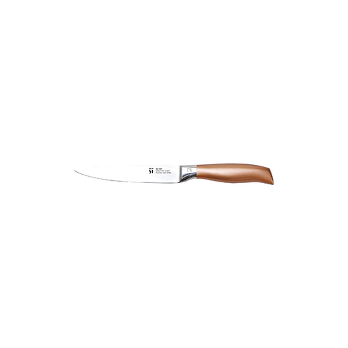 Un solo cuchillo con mango de madera. Se encuentra sobre un fondo blanco liso.