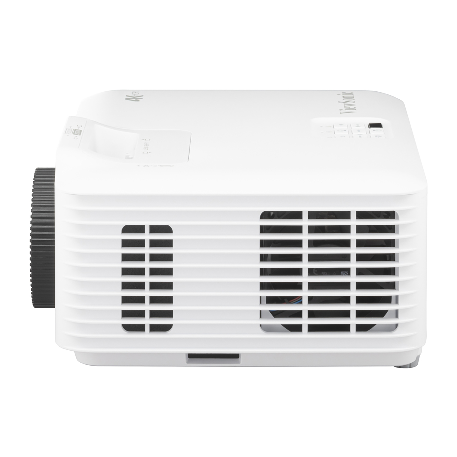 Biały projektor z czarnym obiektywem, wentylacją i elementami sterującymi.