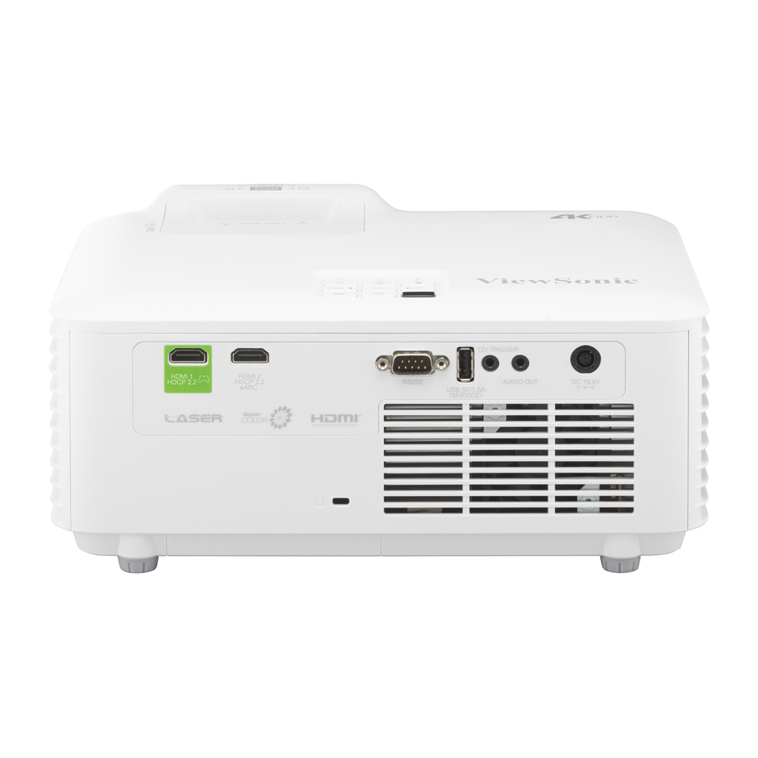 Tył białego projektora z portami, w tym HDMI i wyjściem audio. Ma kratkę i logo ViewSonic.