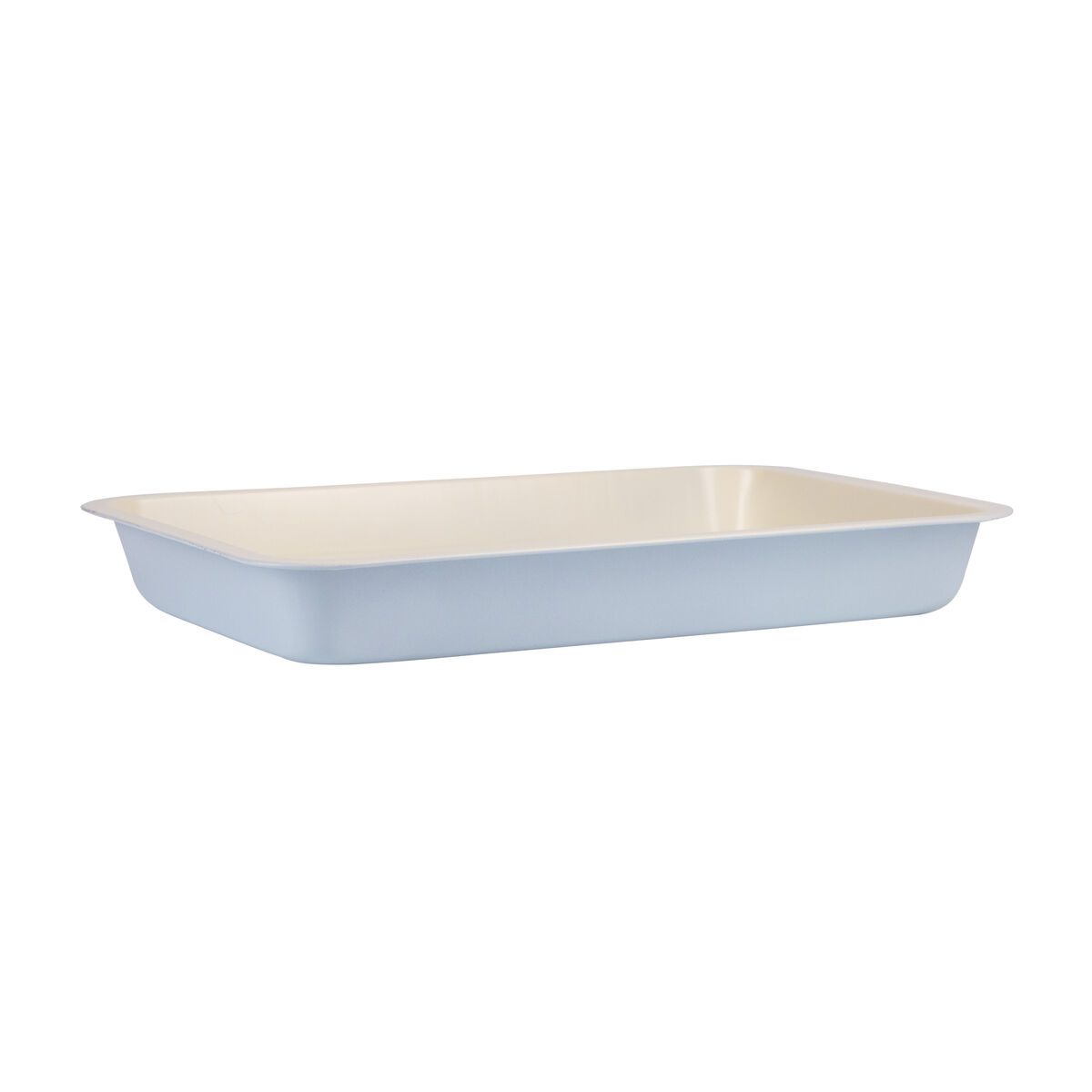 Bandeja de horno rectangular azul claro con interior blanco.