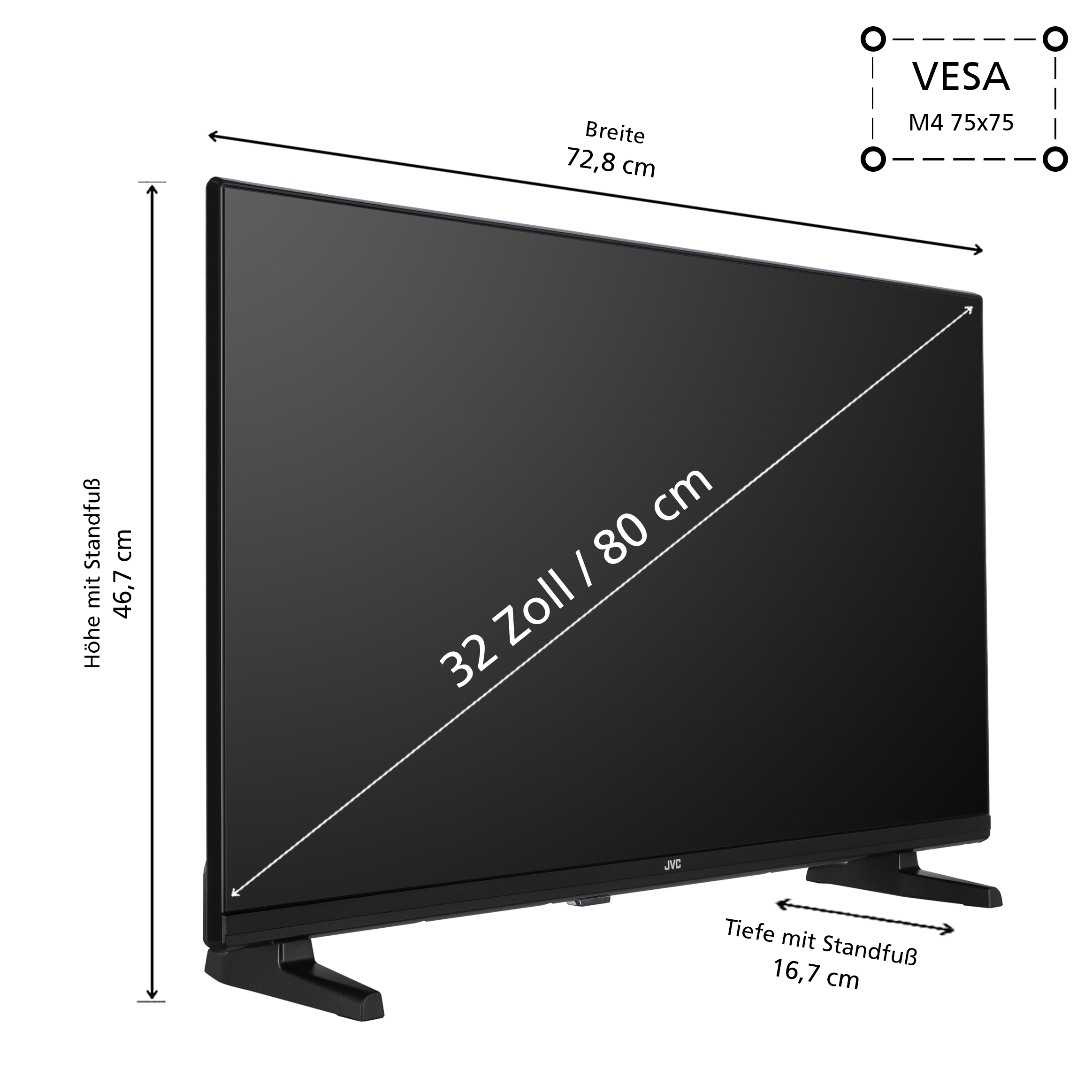 Schwarzer Fernseher mit auf dem Bildschirm beschrifteten Abmessungen und Informationen drumherum.
