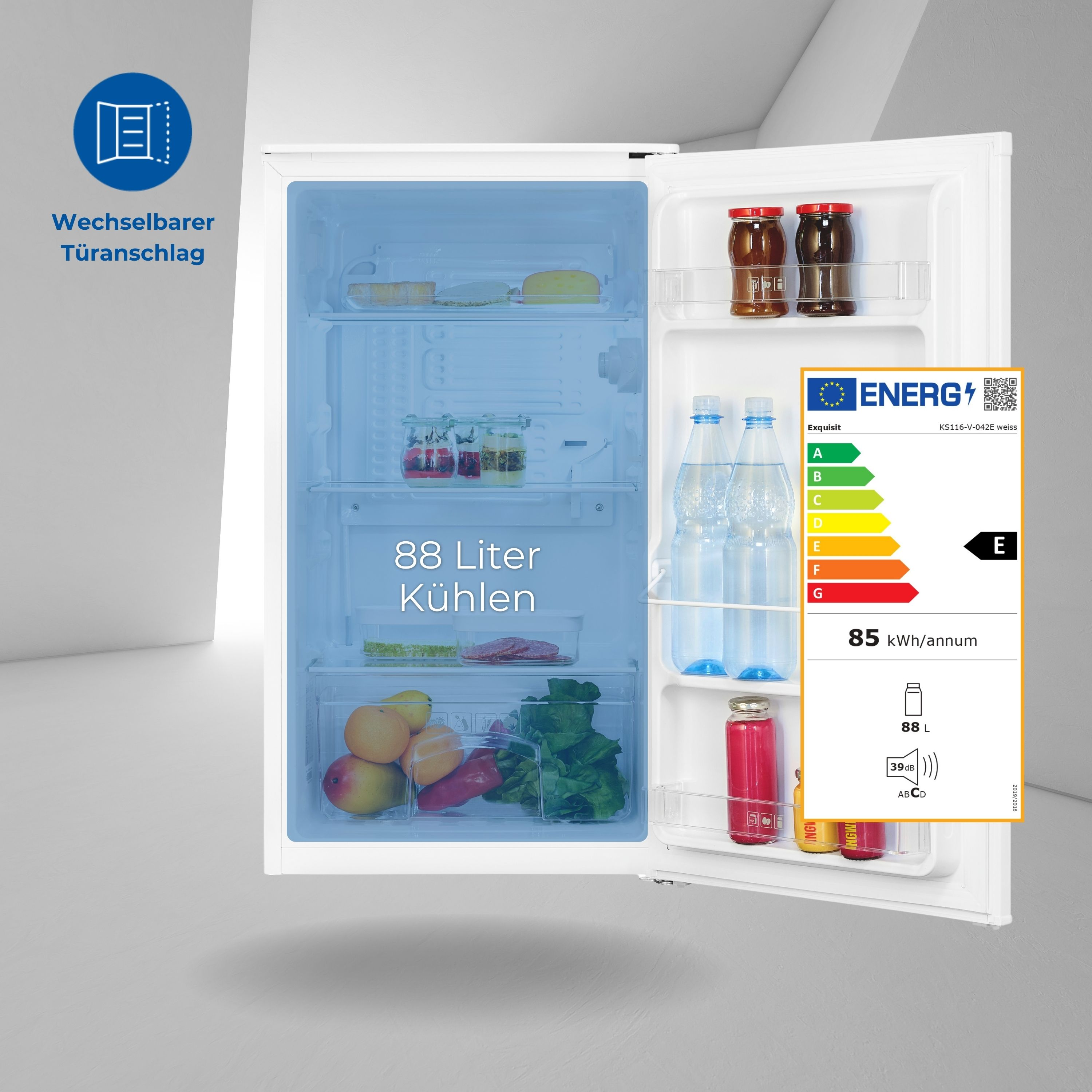 An open mini-fridge with food and drink inside. An energy label is on the right.