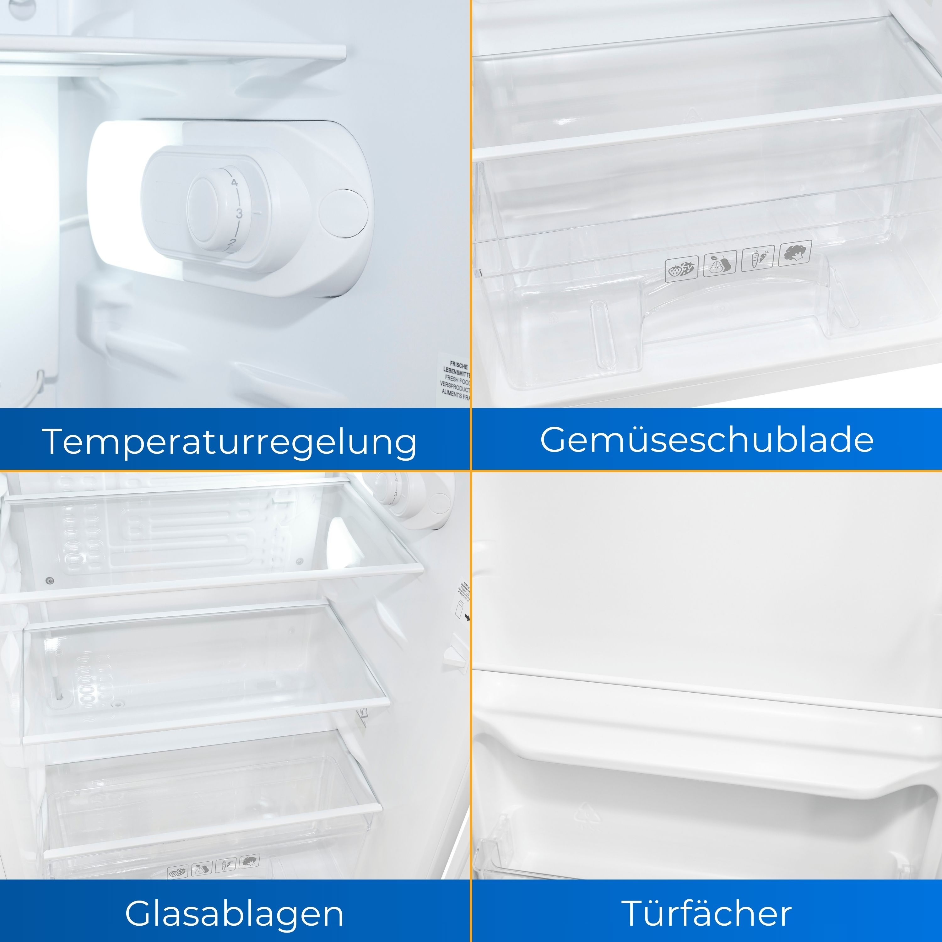 A white refrigerator's interior. It shows a temperature control, a vegetable drawer, glass shelves, and door compartments.