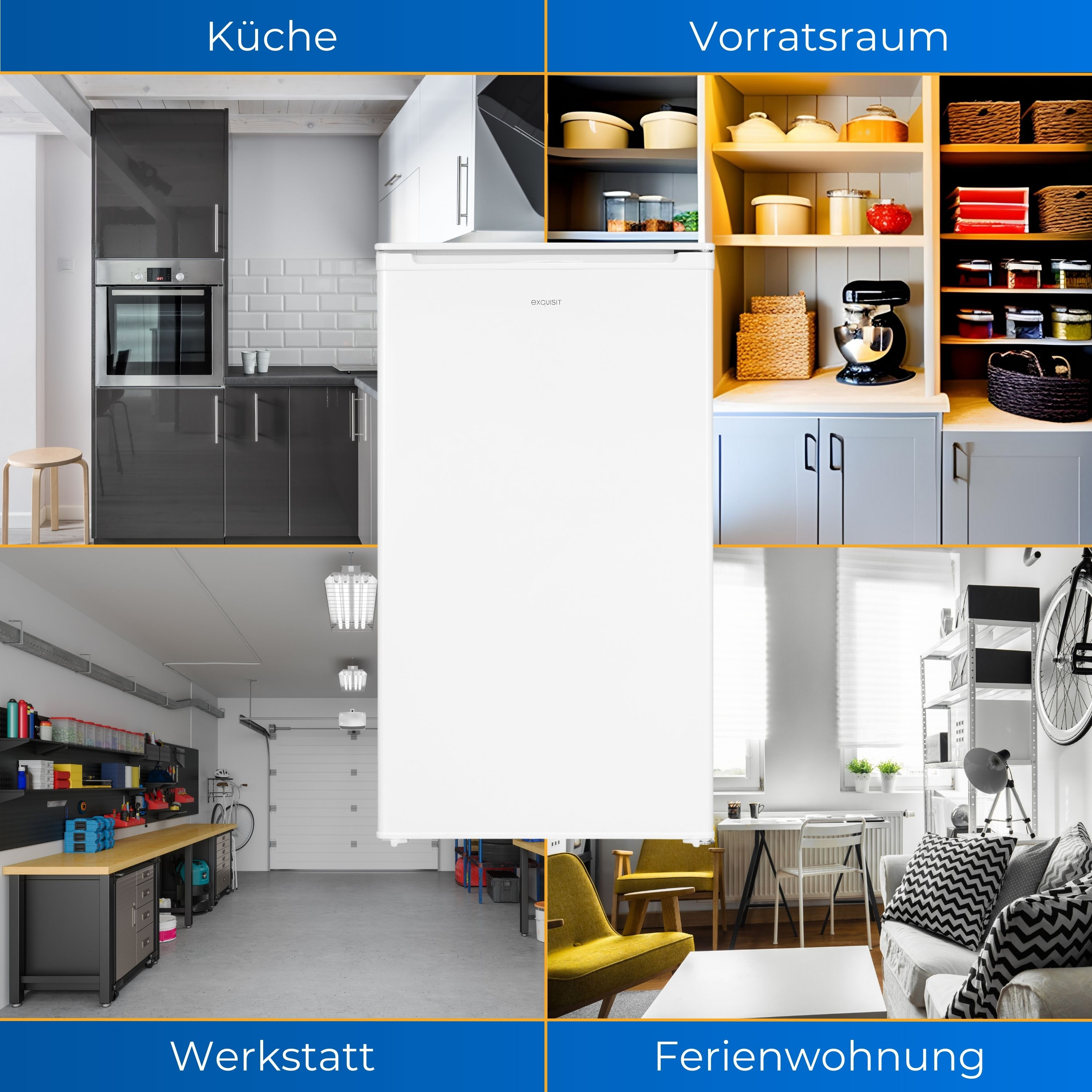 A white refrigerator is centrally placed. Four scenes of living spaces surround it. The text is in German.