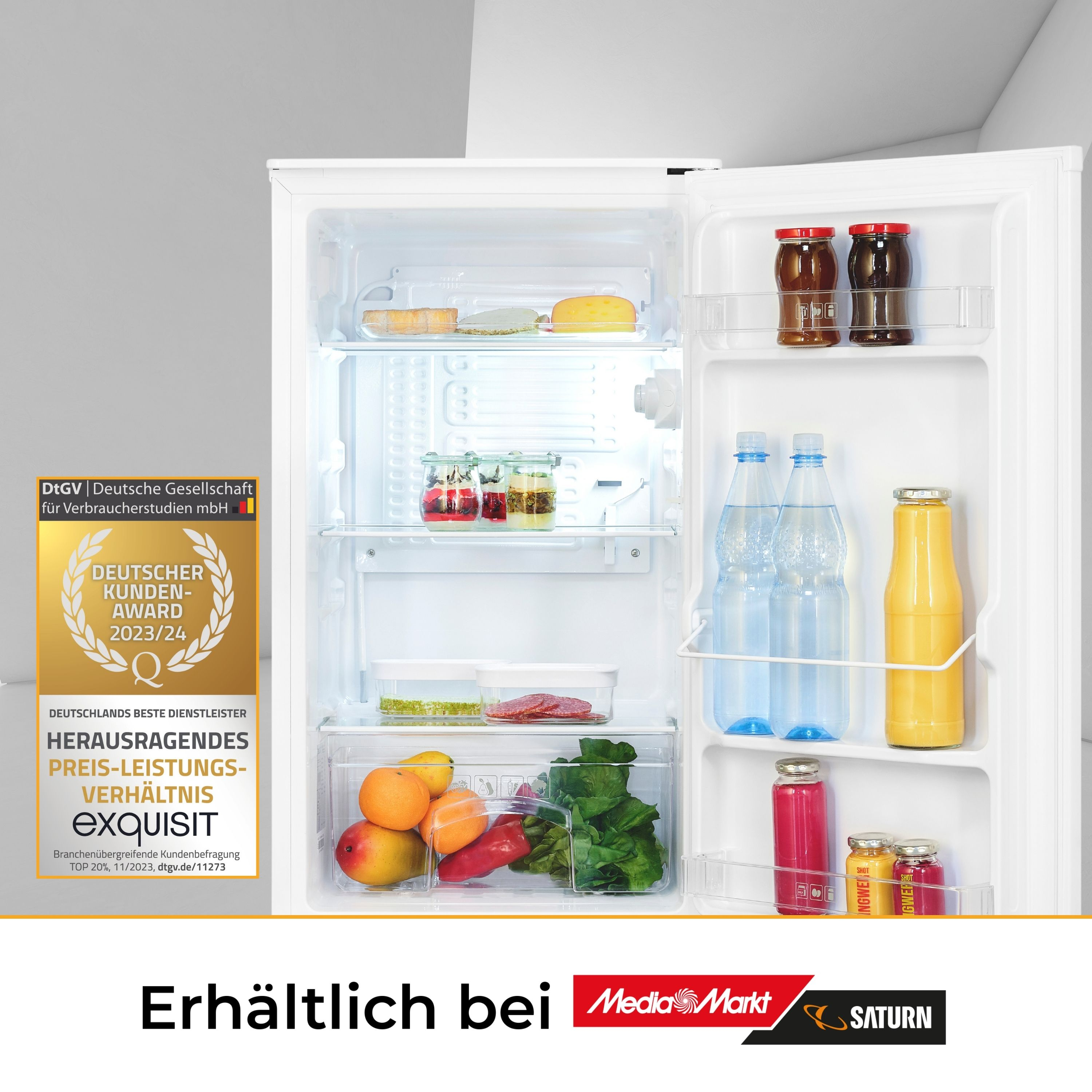 Refrigerator full of groceries and awards. Text: Deutscher Kunden-Award.
