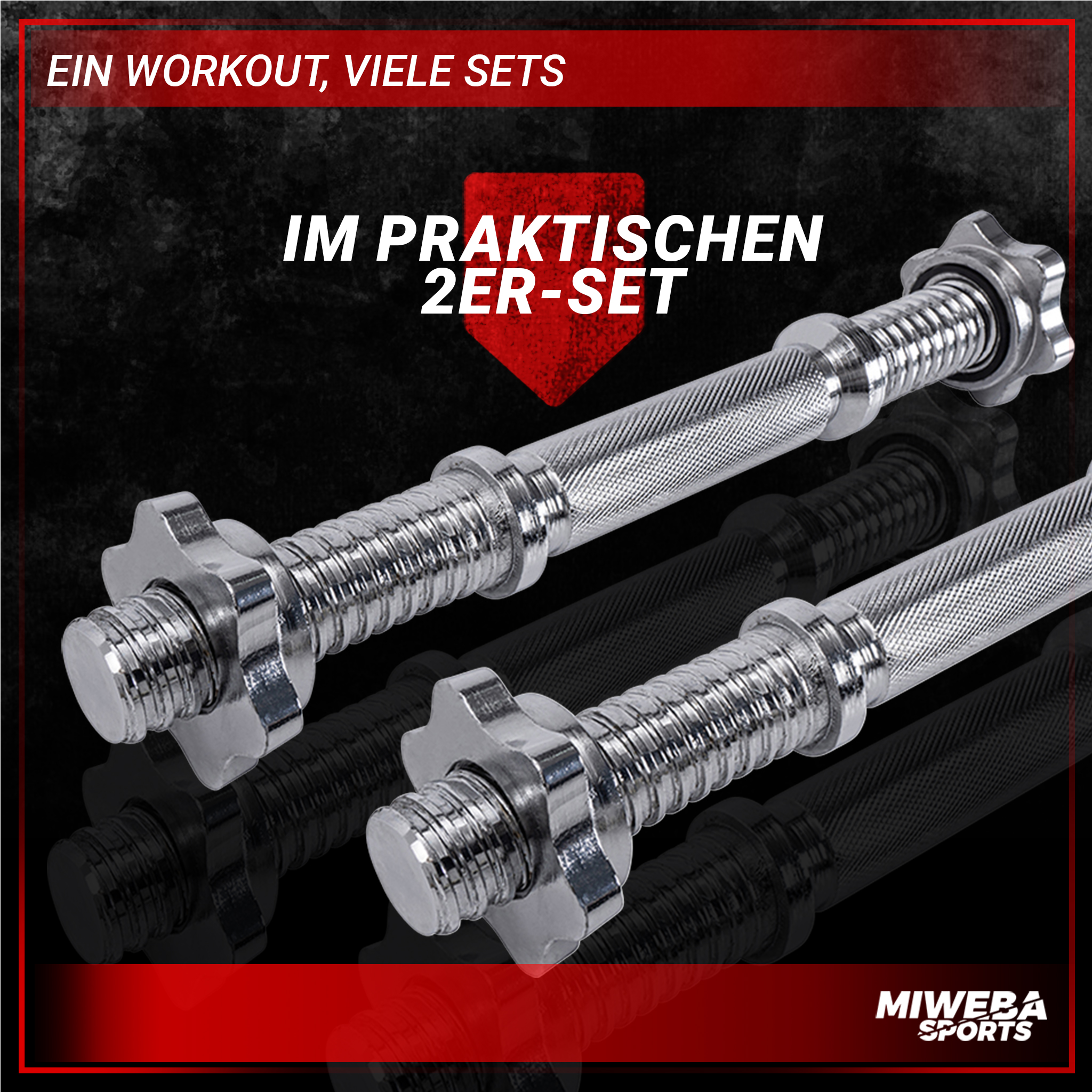Zwei Chrom-Hanteln in einer rot akzentuierten Umgebung, mit rotem Pfeil und Textüberlagerung.