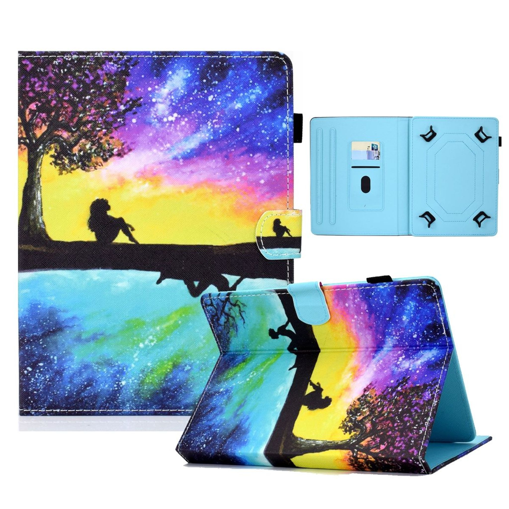 Eine Tablet-Hülle mit einer farbenfrohen Sonnenuntergangsszene, mit einer Silhouette einer Person unter einem Baum sitzend.
