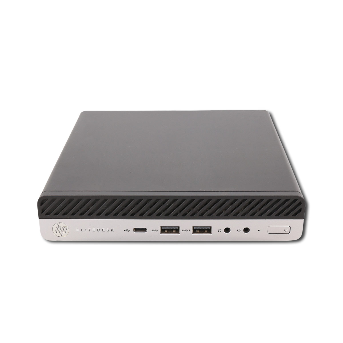 Ein kleiner, schwarzer HP EliteDesk-Computer mit Anschlüssen und dem HP-Logo auf einer weißen Oberfläche. Draufsicht.