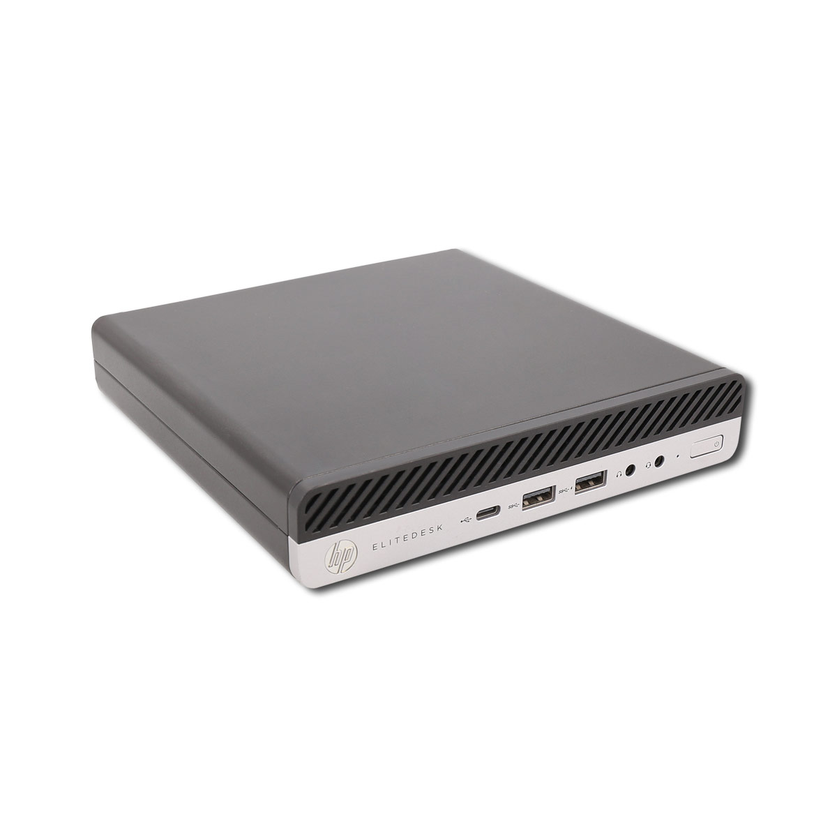 Ein schwarzer und grauer HP EliteDesk-Desktop-Computer liegt auf einer weißen Oberfläche.