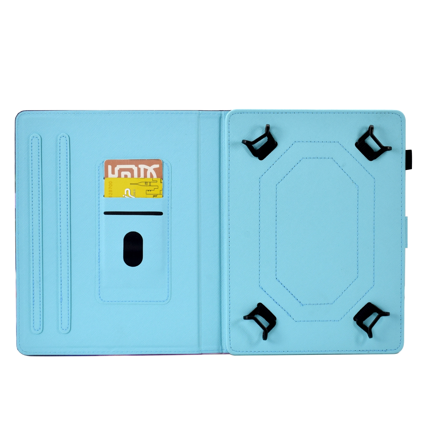 Offene blaue Tablet-Hülle. Innen sind ein Kartensteckplatz und eine Tasche sichtbar. Auf der anderen Seite befinden sich schwarze Halterungen.