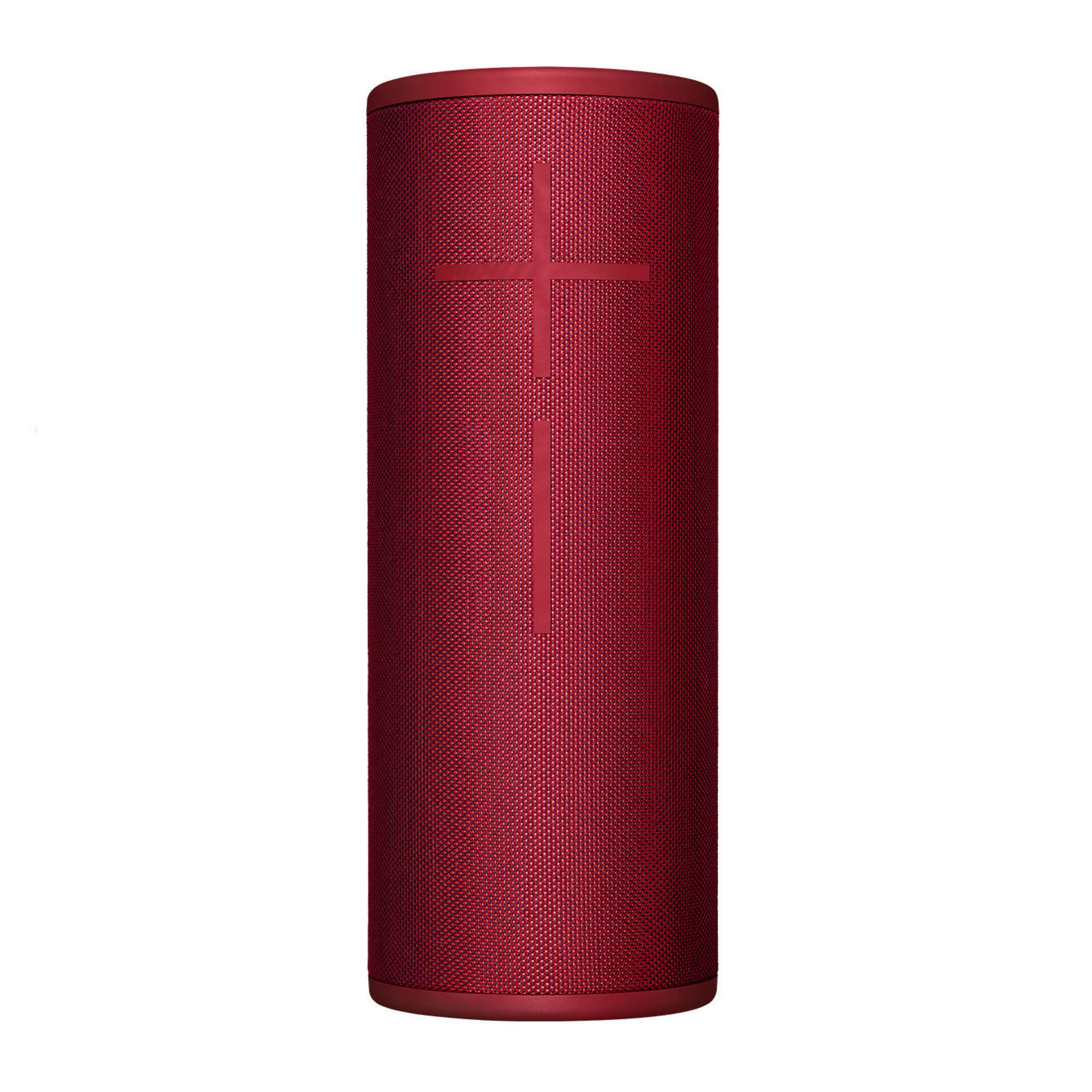 Roter zylindrischer Lautsprecher mit Pluszeichen. Weißer Hintergrund.