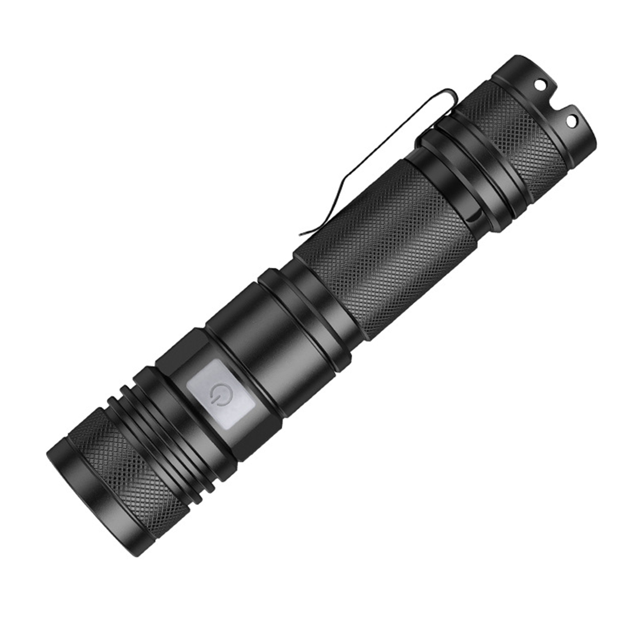 Eine schwarze Taschenlampe mit silbernem Clip und Power-Taste, schräge Ansicht.