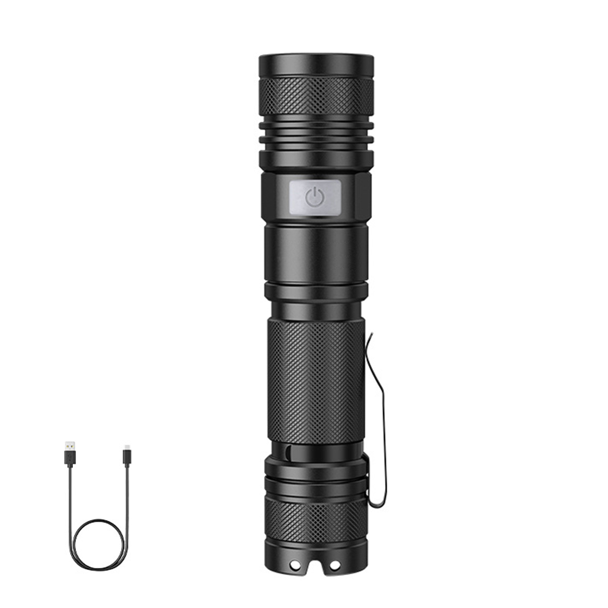 Schwarze Taschenlampe mit einem Ladekabel. Weißer Hintergrund. Klare Details.
