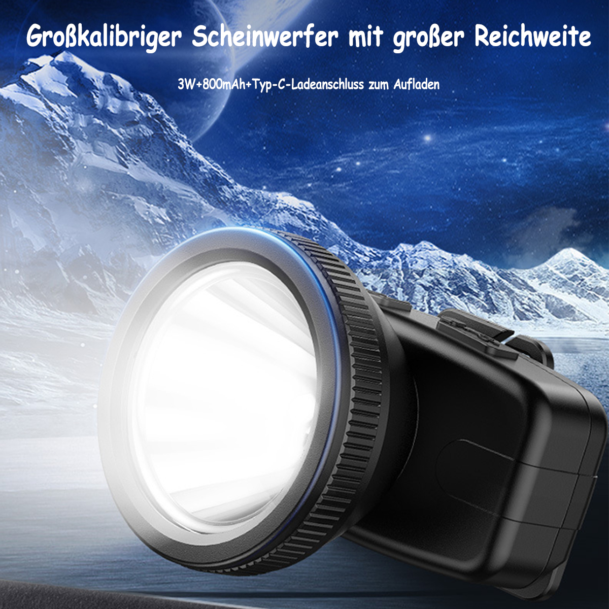 Helle Taschenlampe mit Berglandschaft im Hintergrund.