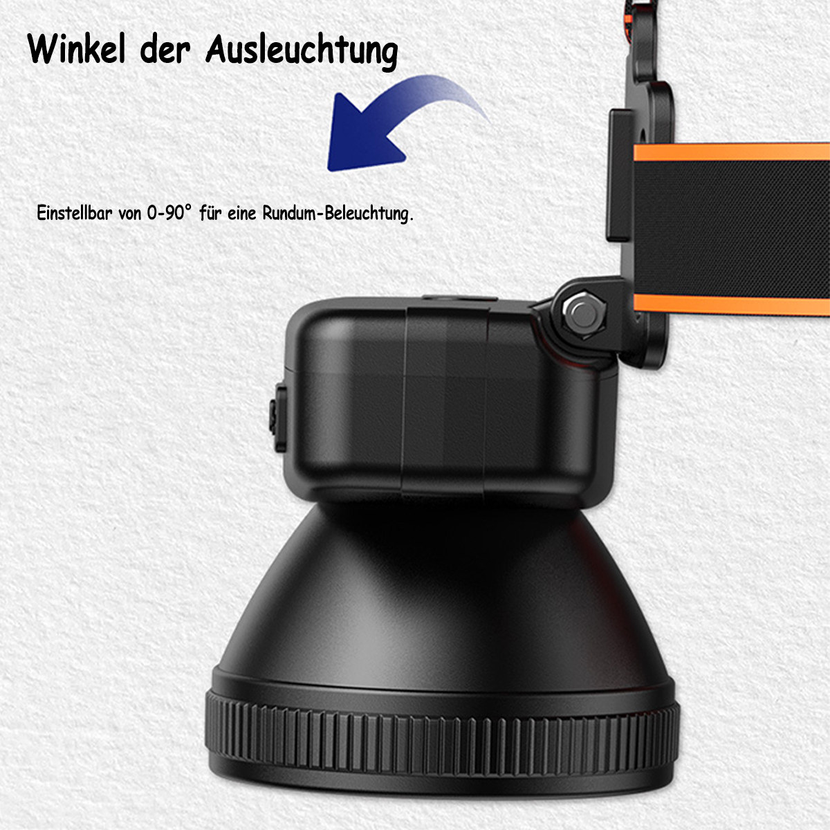 Schwarze Stirnlampe mit orangefarbenem Riemen, abgewinkelt für den Strahl.