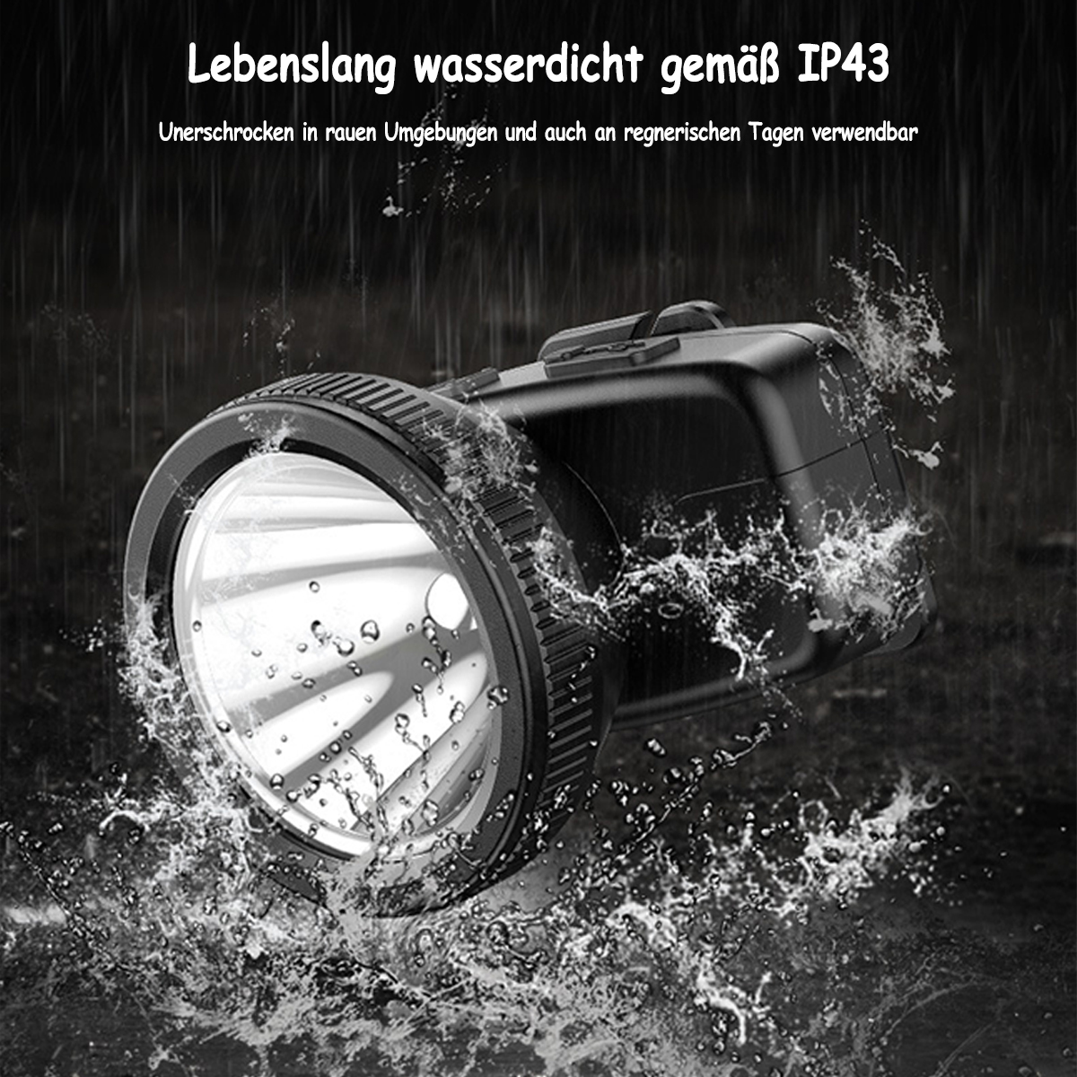 Schwarze wasserdichte Stirnlampe mit Wasserspritzern, Text oben: wasserdicht IP43.