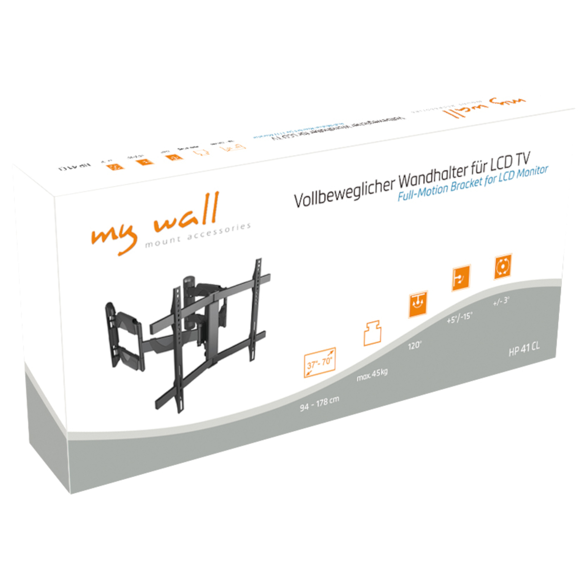 Eine Produktbox für eine TV-Wandhalterung mit Diagramm und Text auf weißem Hintergrund.