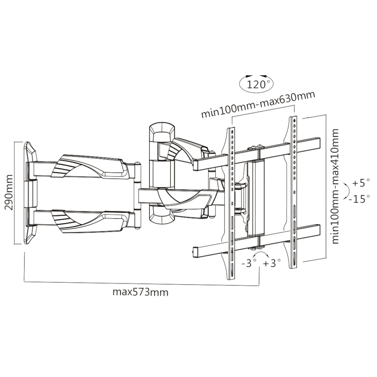 Diagramm einer TV-Halterung. Zeigt Abmessungen, Winkel und Maße in Millimetern. Linien und Pfeile werden verwendet.
