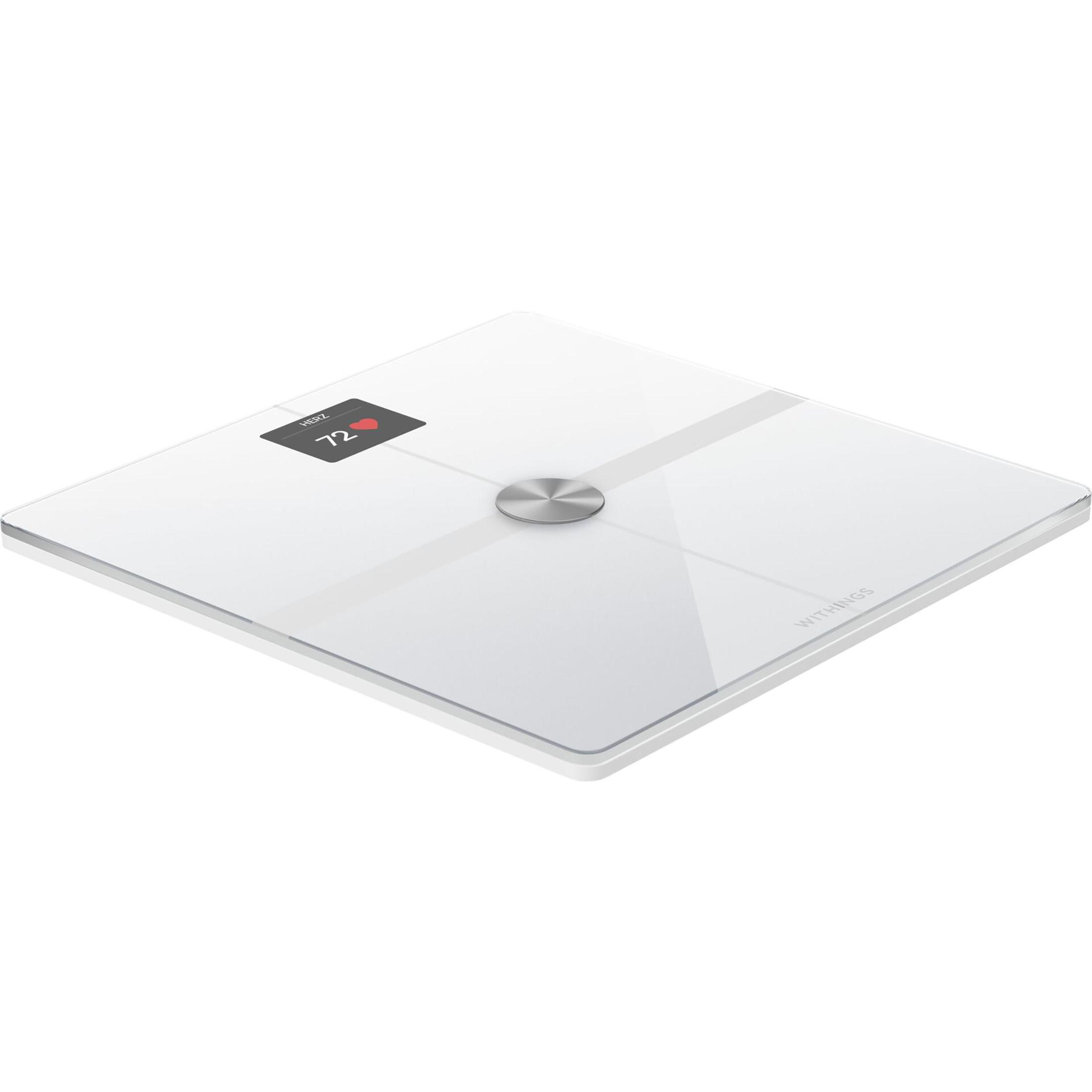Biała waga cyfrowa pokazująca symbol serca i liczbę 72.