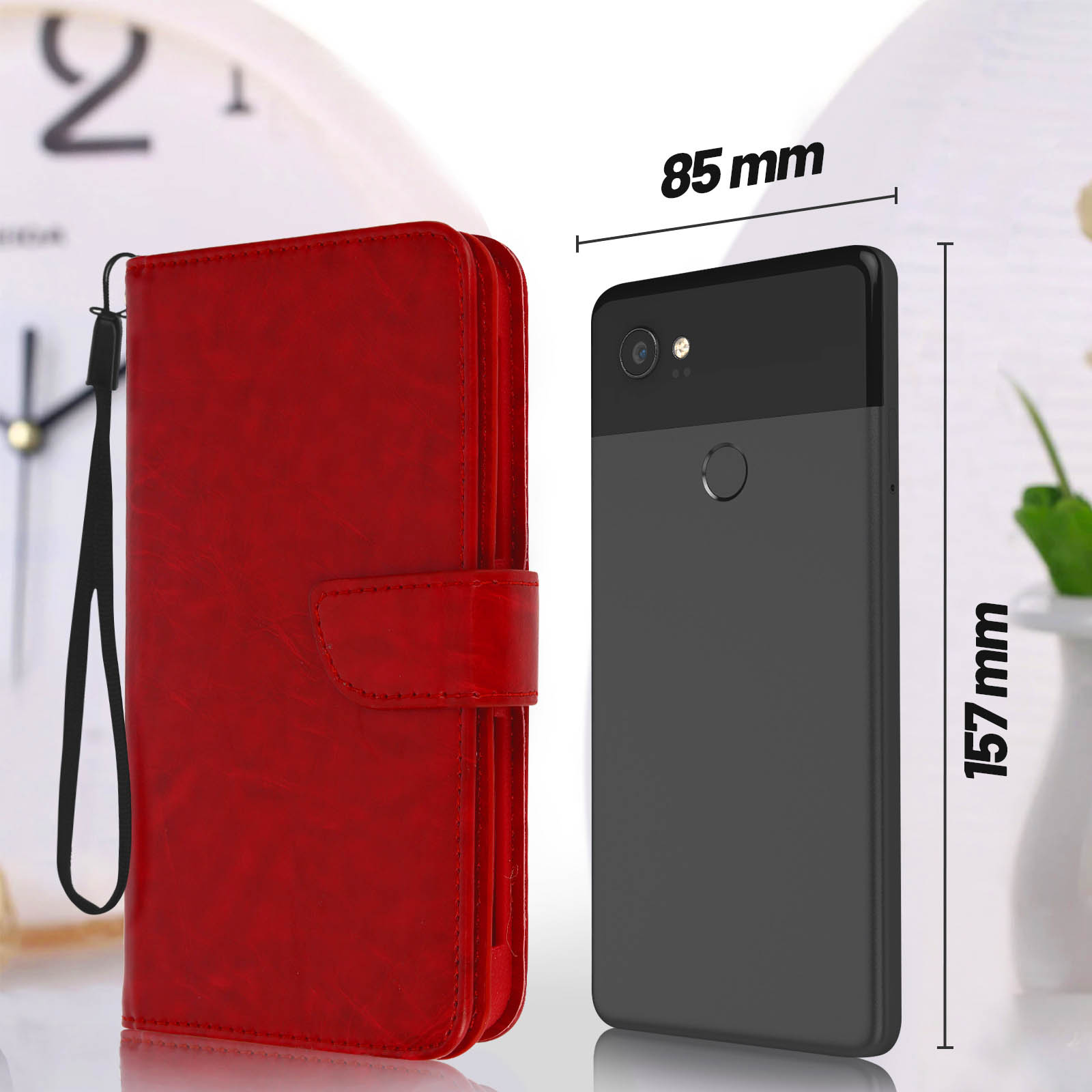 Una custodia per telefono rossa a portafoglio accanto a uno smartphone grigio, con etichette dimensionali.