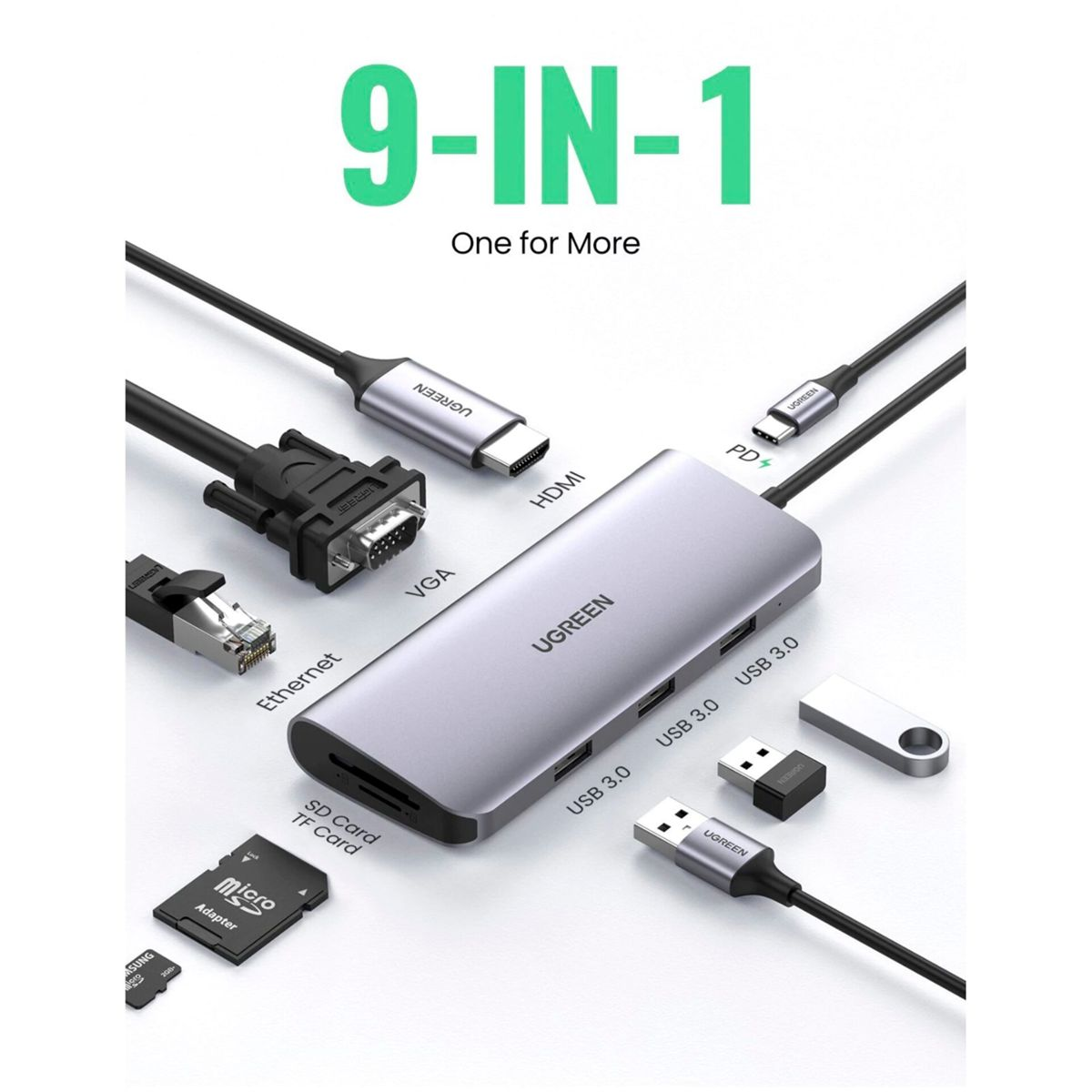 Silver hub with multiple ports including USB, HDMI, and SD card, cables connected.