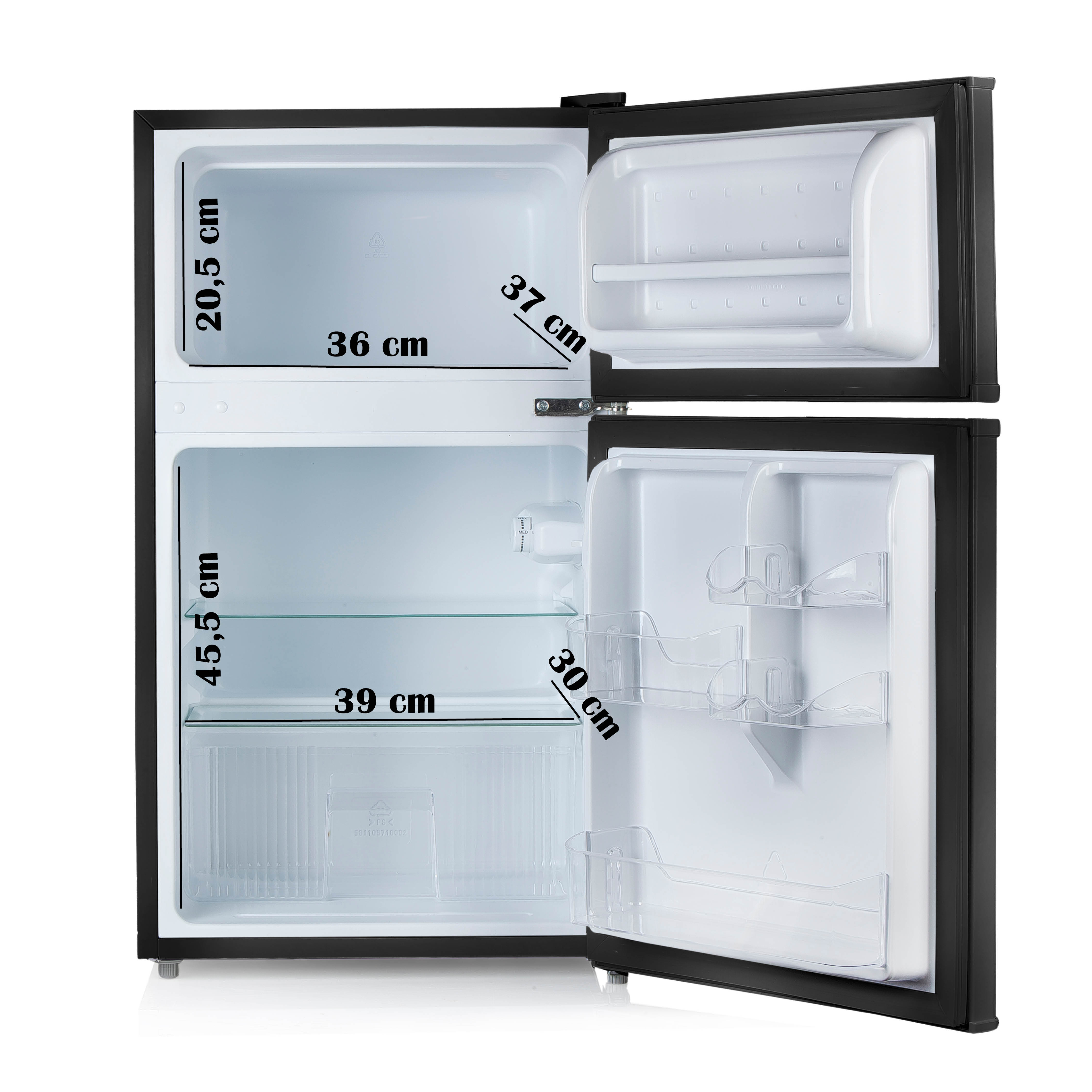 A black mini-fridge with the door open, showing interior dimensions and contents like drinks.