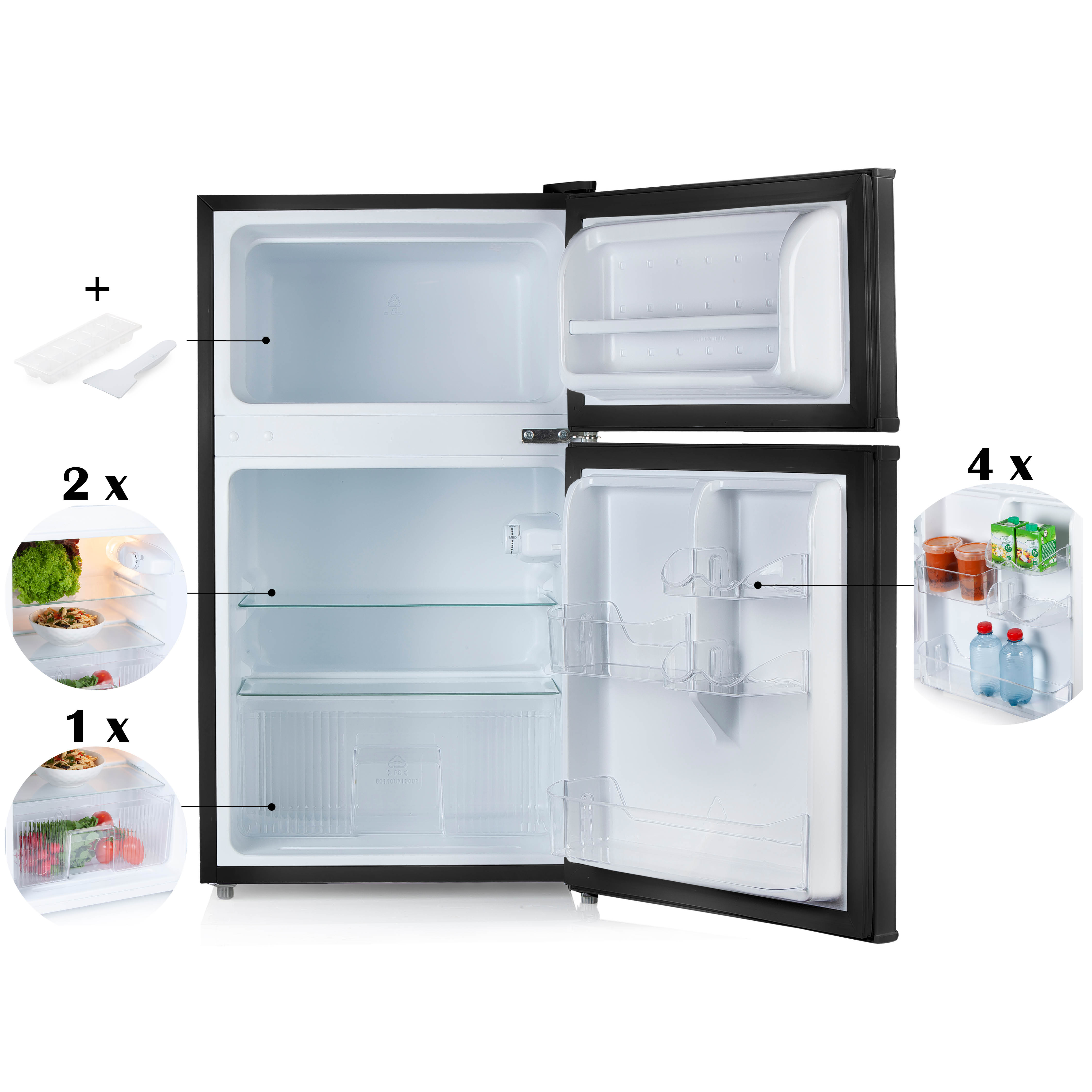 Refrigerator interior with shelves, food items, and an open door.
