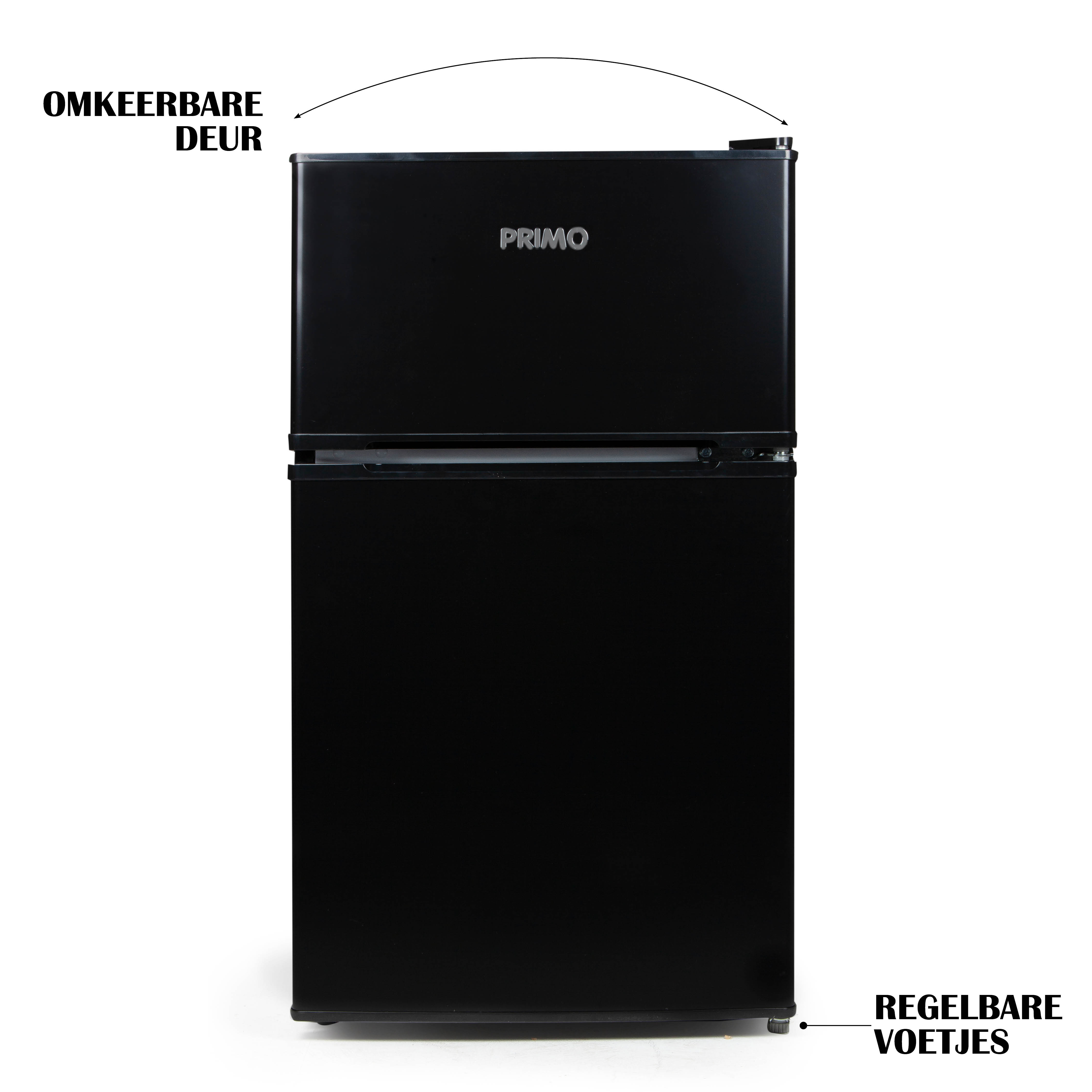 A black refrigerator with the door open.