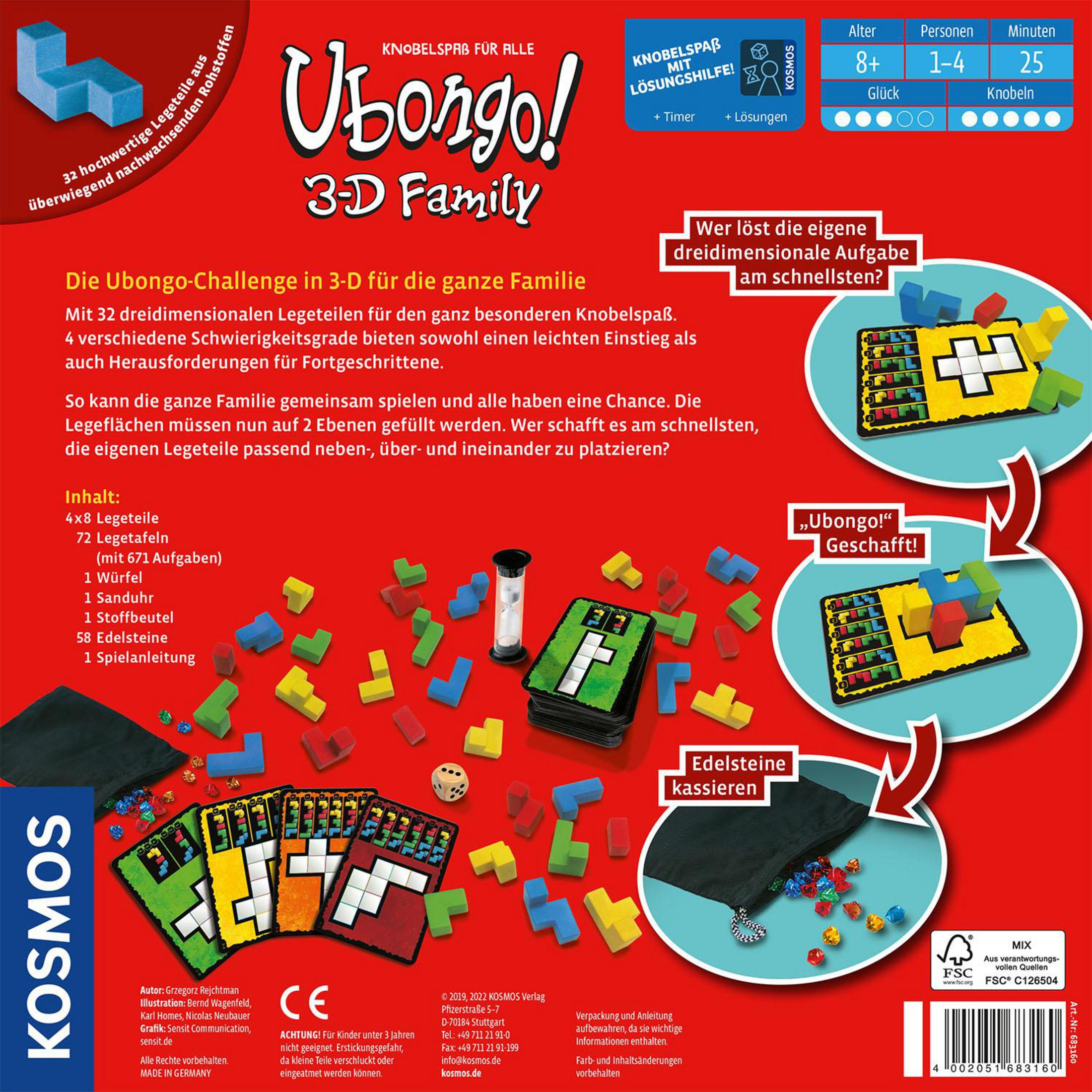 Eine Kosmos Ubongo 3D Family Spielbox, mit verstreuten Spielkomponenten.