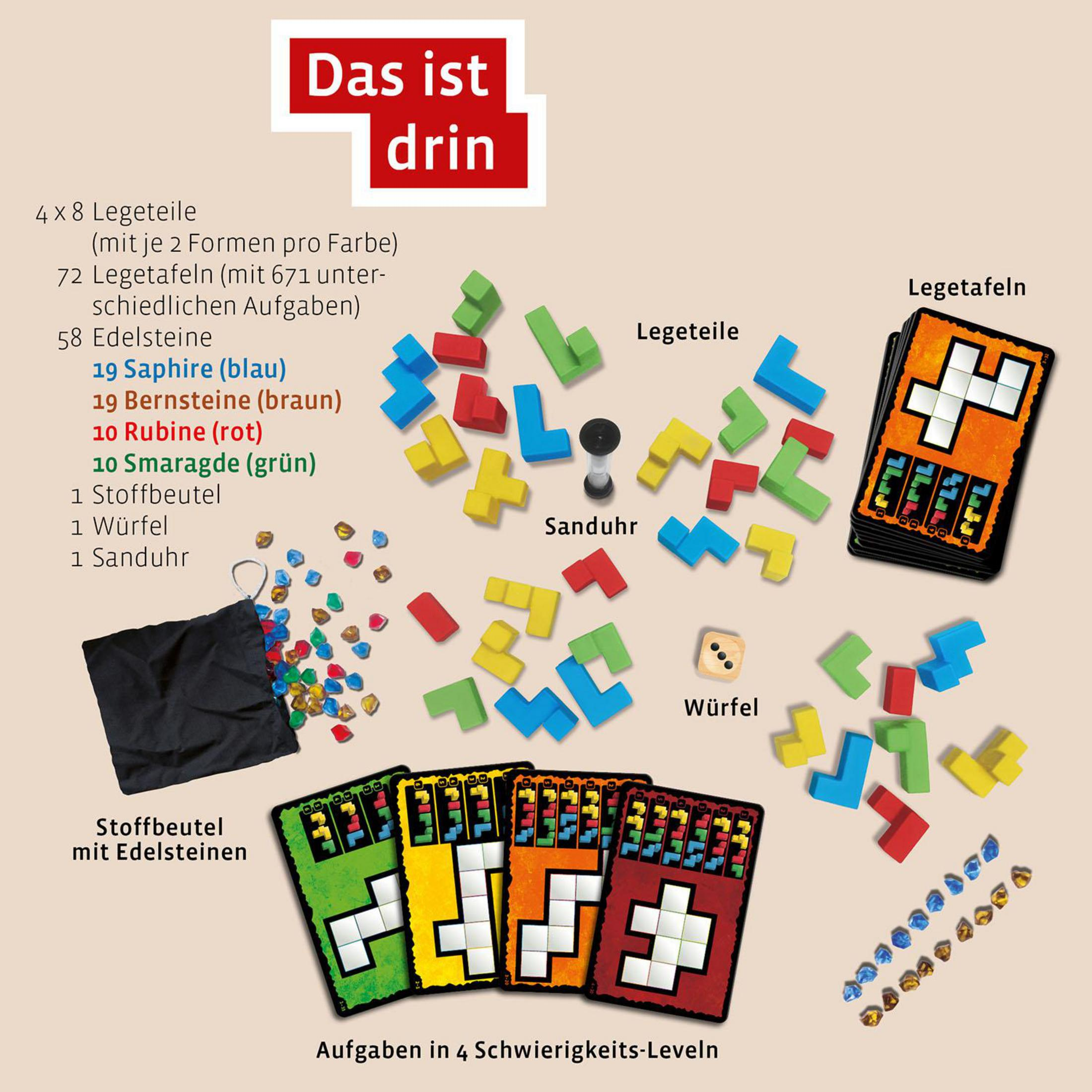 Ein Spiel mit bunten geometrischen Formen, Edelsteinen und Karten. Es ist auf rotem Grund, mit Text auf Deutsch.