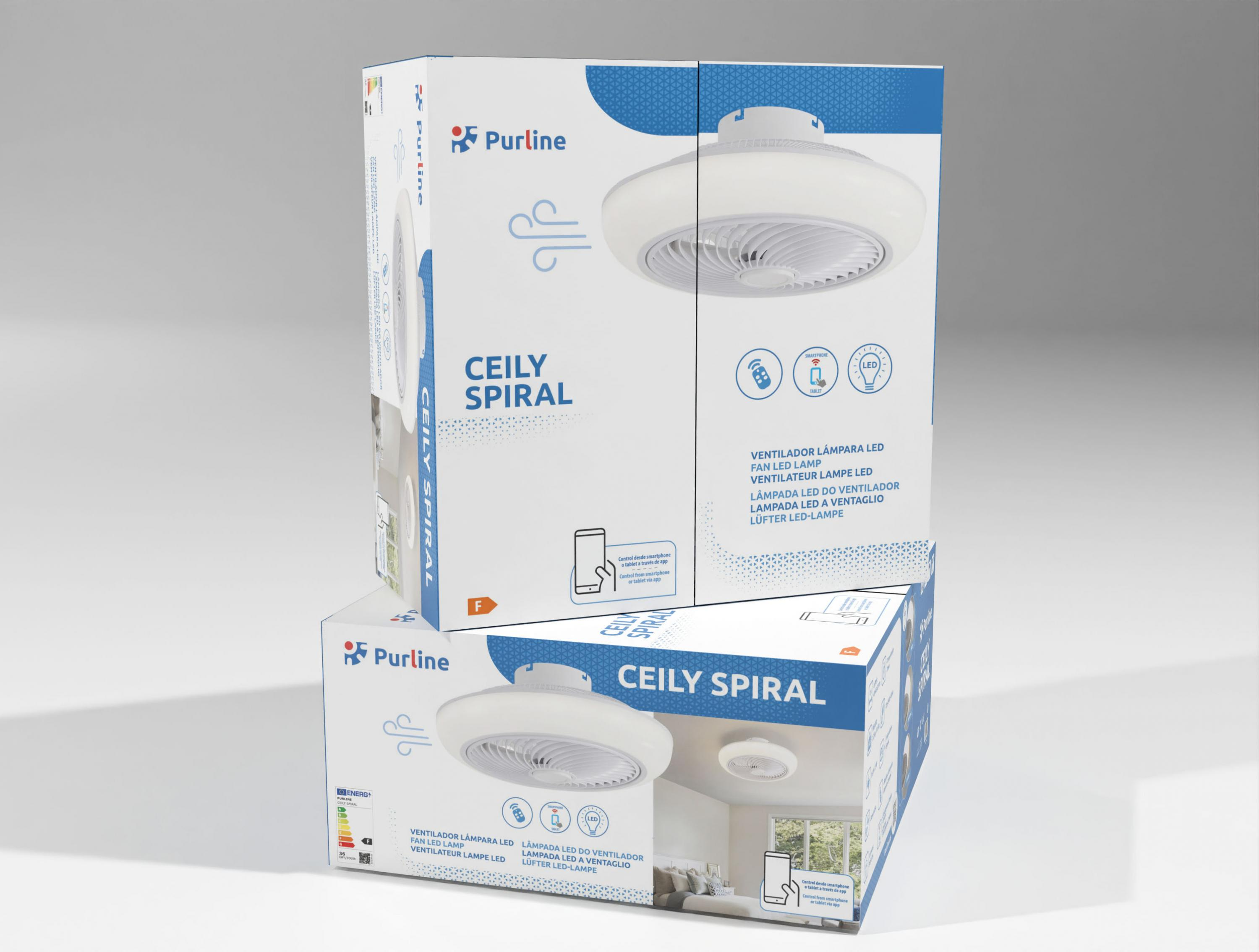 Dos cajas de un ventilador de techo, con diseño de ventilador blanco y texto.