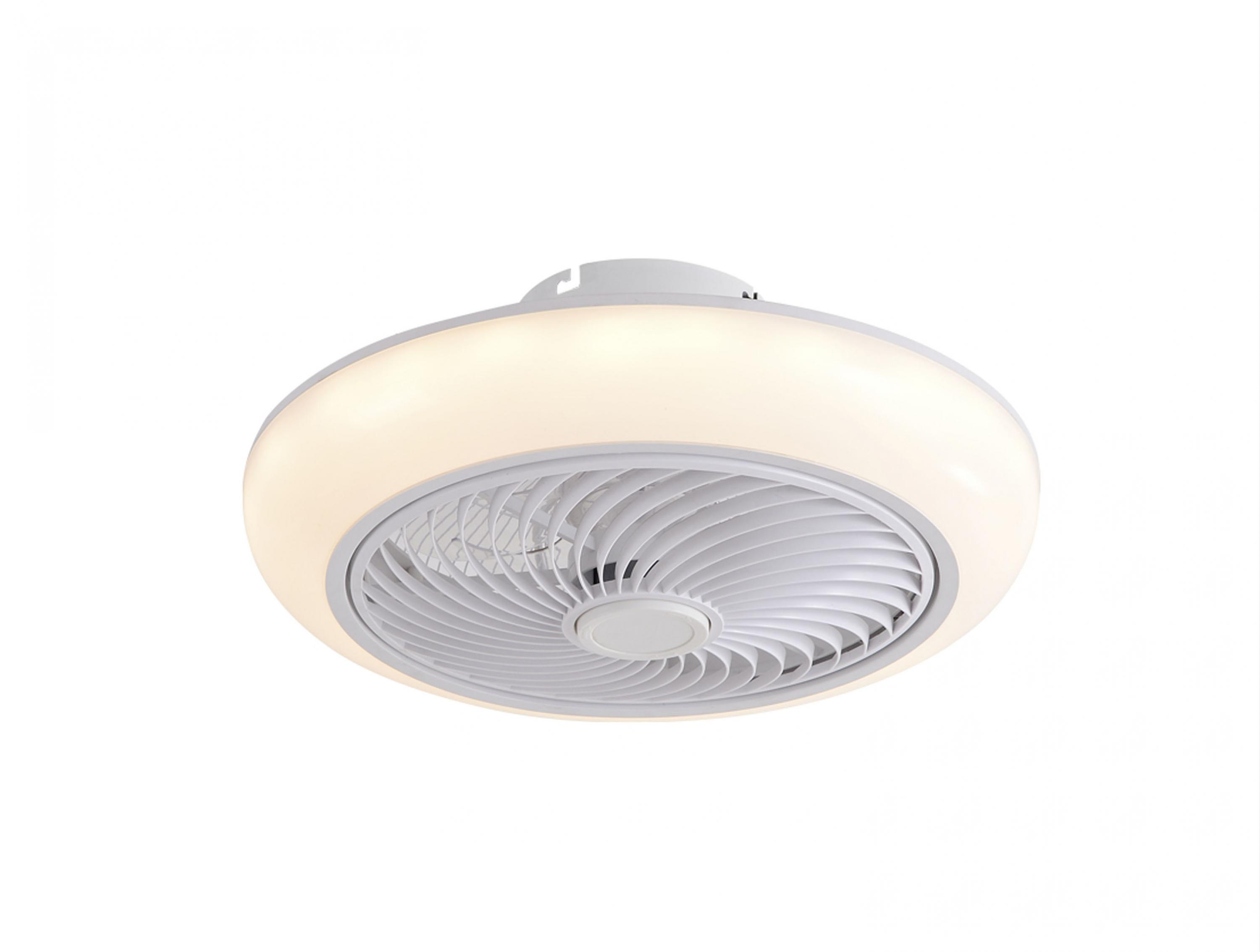Un ventilador de techo blanco con un anillo de luz. El ventilador tiene aspas curvas y una luz circular a su alrededor.