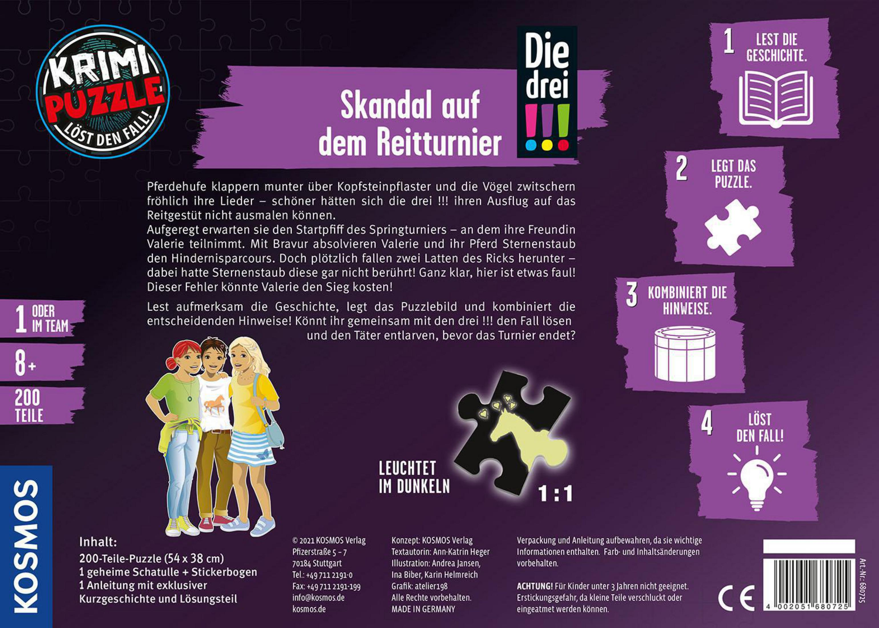 Schachtel eines Puzzlespiels namens 'Die drei' mit einem Bild von drei Kindern und einem Pferd.