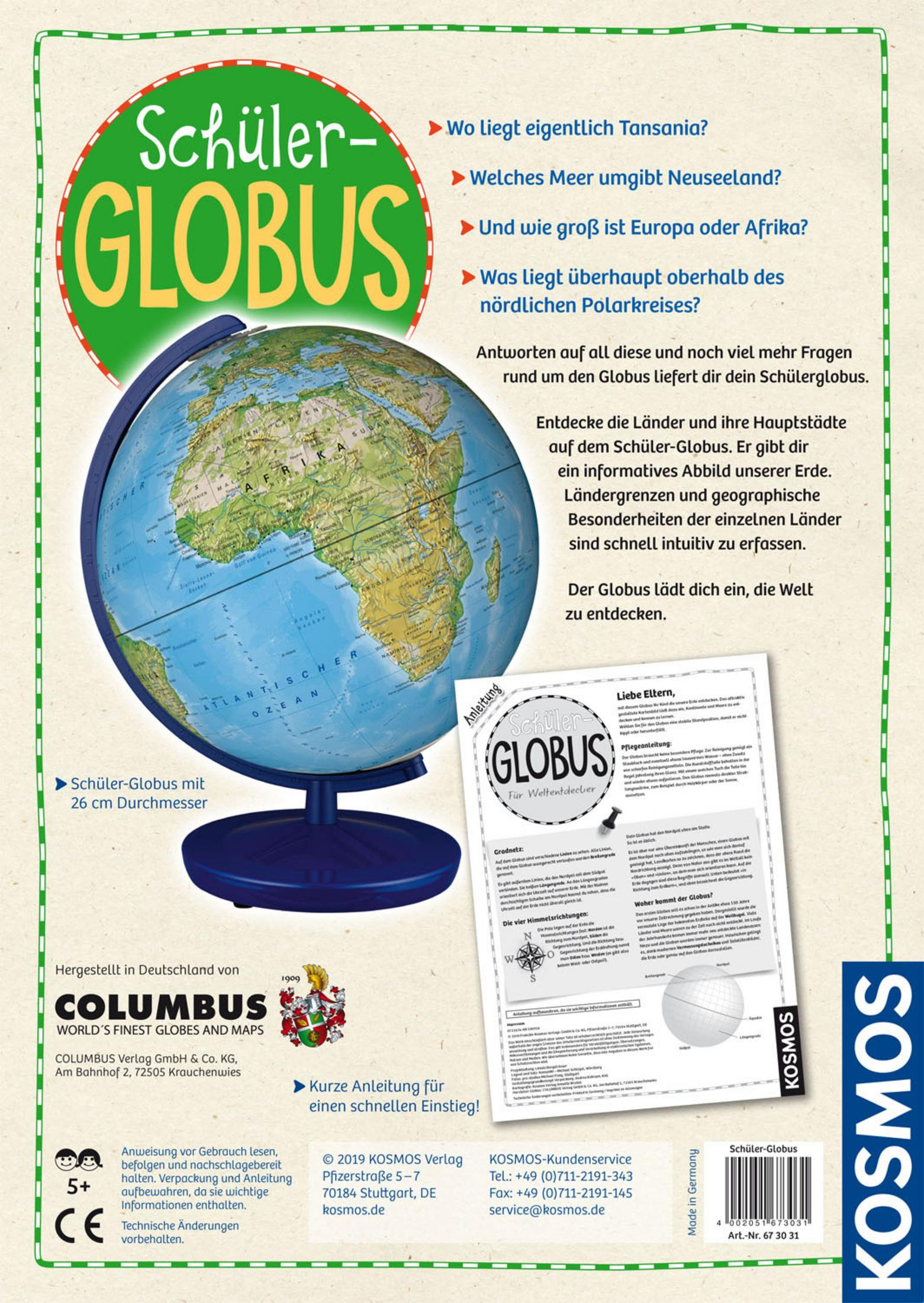 Ein Globus auf blauem Ständer, mit einem Umschlag mit Text: Schüler-Globus, plus Informationstext.