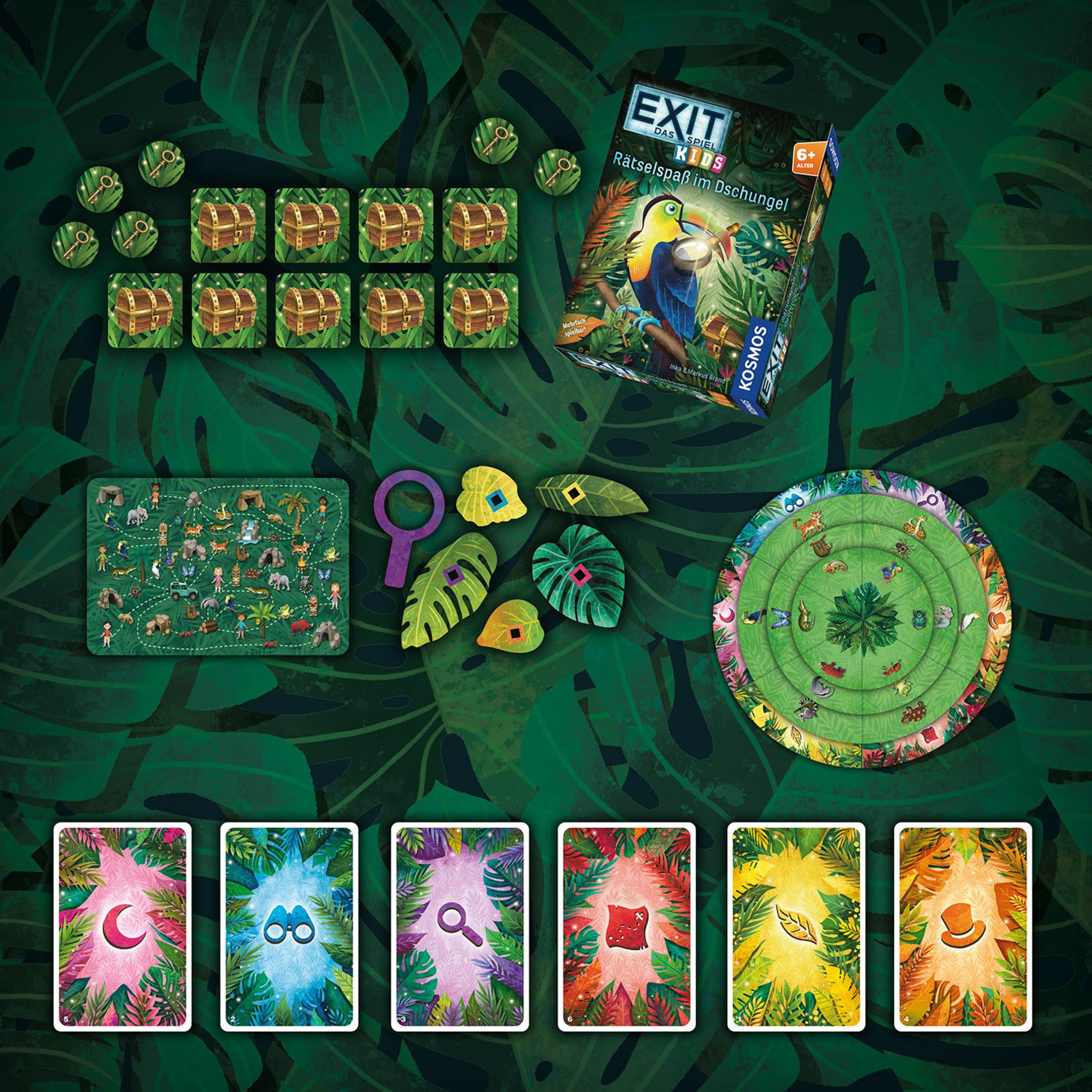 Gioco da tavolo a tema giungla. Include tabellone, carte e pezzi di puzzle. Colori verde e marrone.