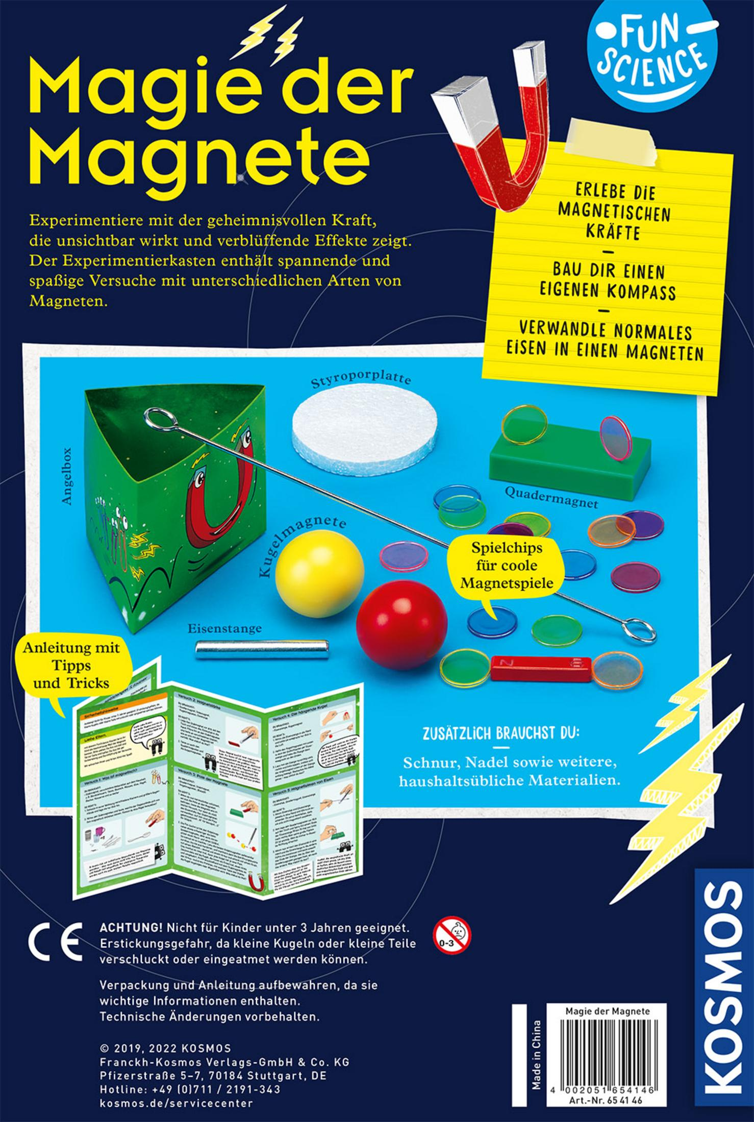 Rückseite einer Box mit Text und Bildern über Magnete und Wissenschaft. Beinhaltet Magnete und Anweisungen.