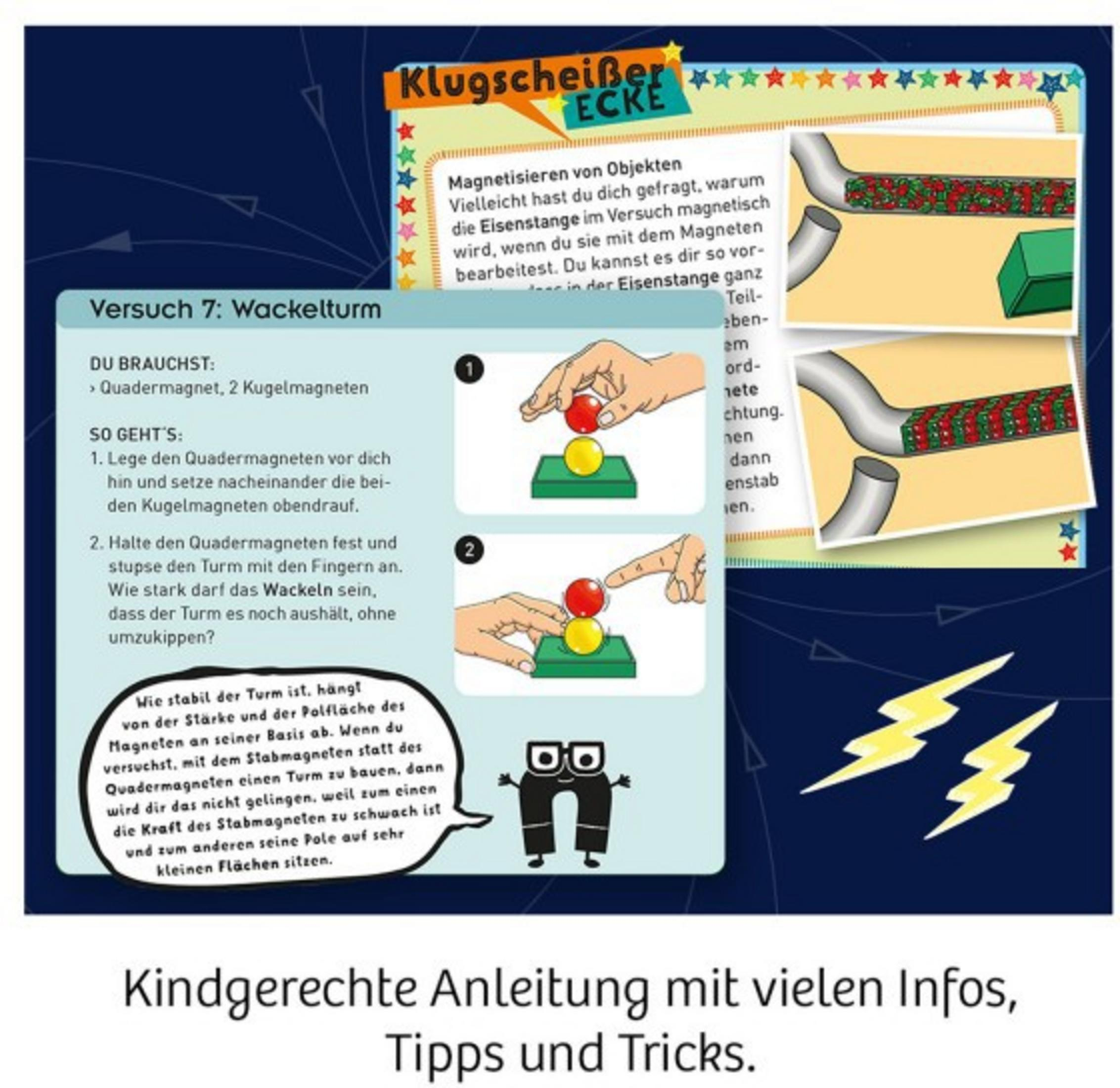 Eine Seite mit Anweisungen zu Magneten und eine Zeichnung mit Text. Der Text ist auf Deutsch.