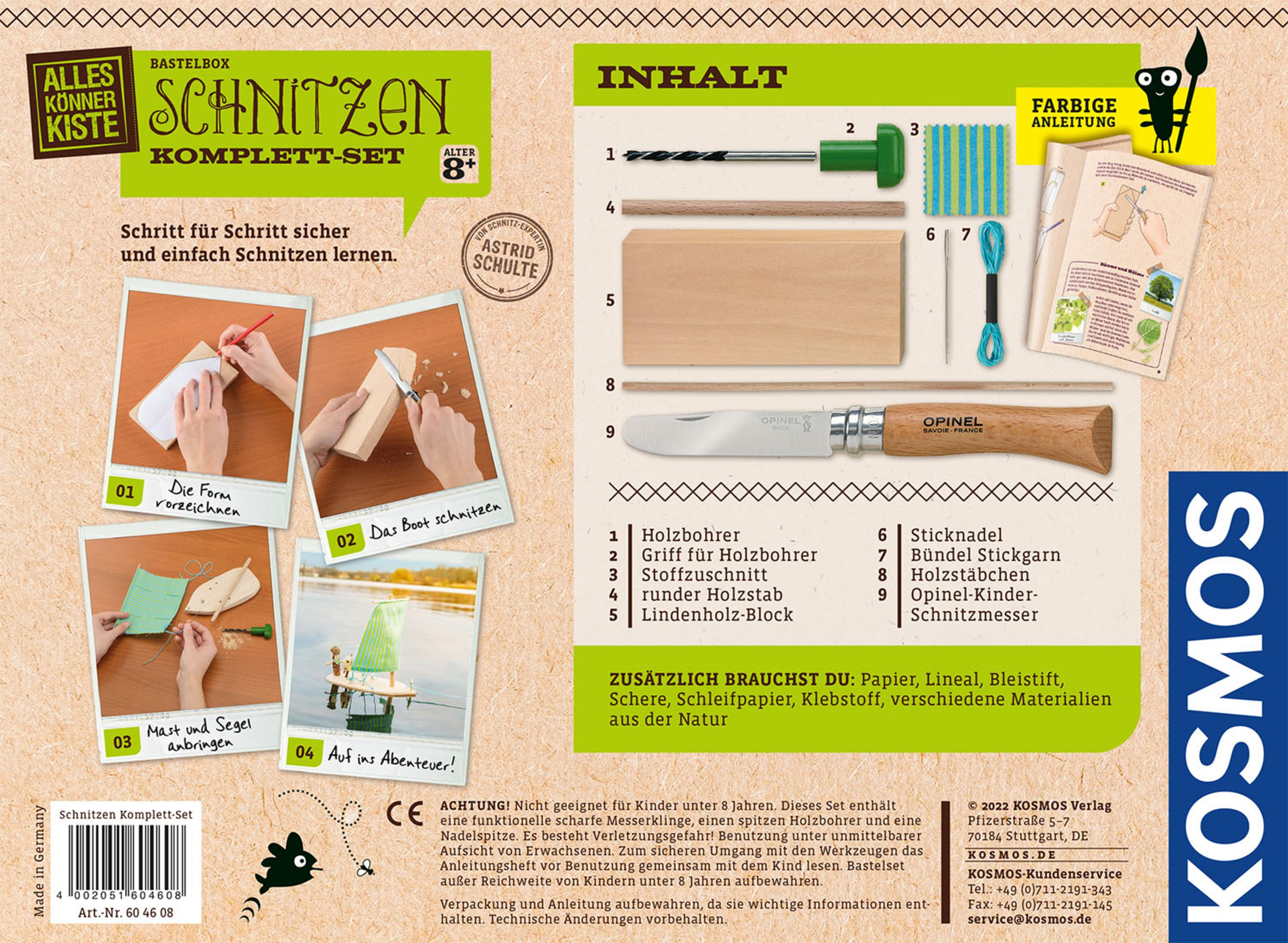 Un kit per intaglio del legno con coltello, legno e attrezzi, con istruzioni in tedesco.
