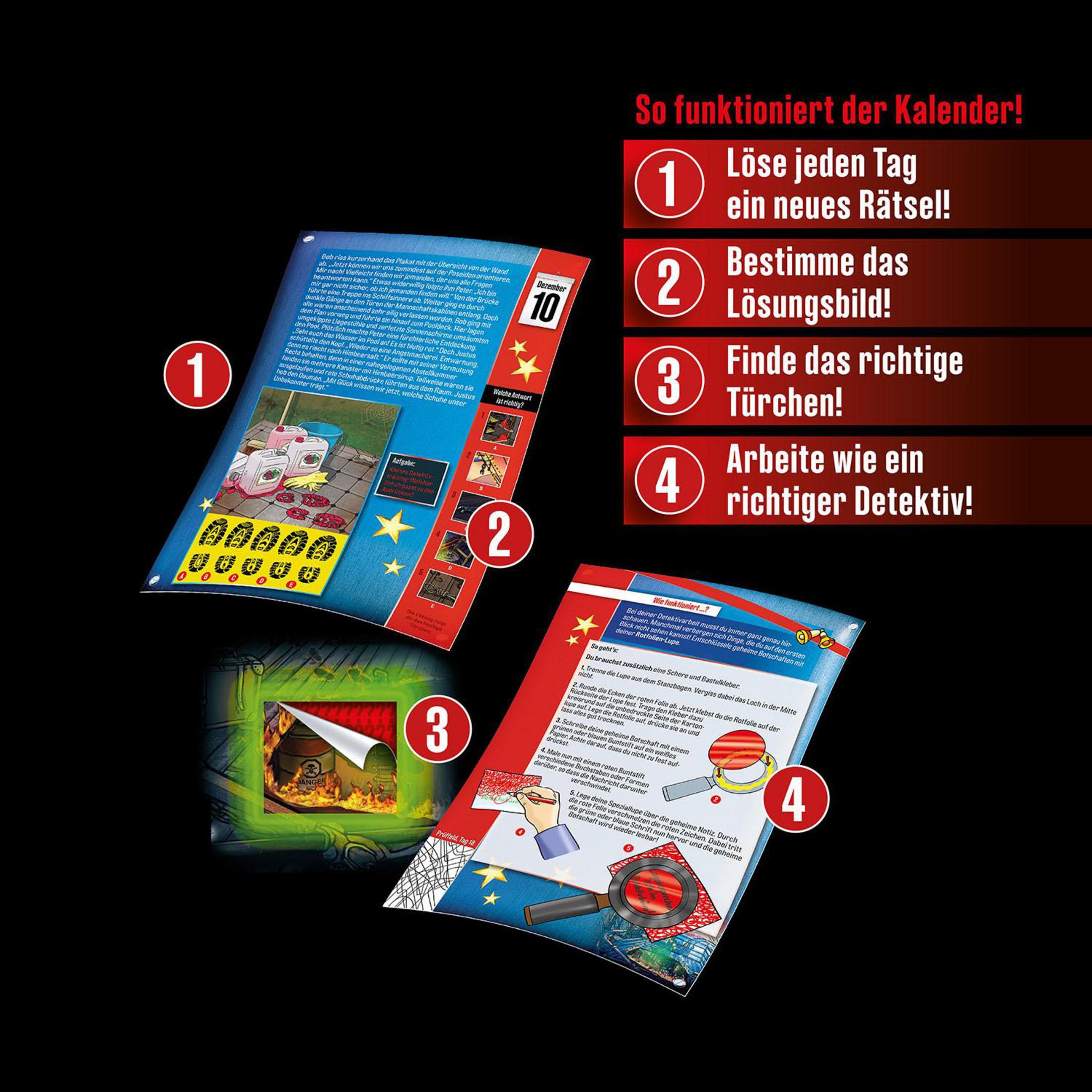 Das Bild zeigt einen Kalender mit Anweisungen und Puzzleteilen für eine Detektiv-Aktivität.