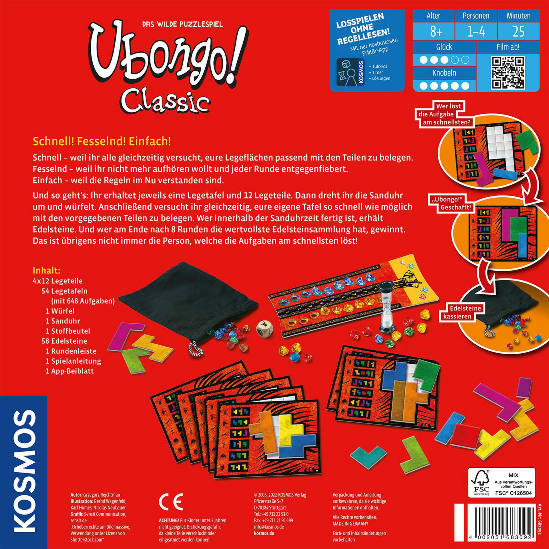 Il retro della scatola del gioco da tavolo Ubongo Classic. Contiene dettagli del gioco, pezzi e istruzioni.