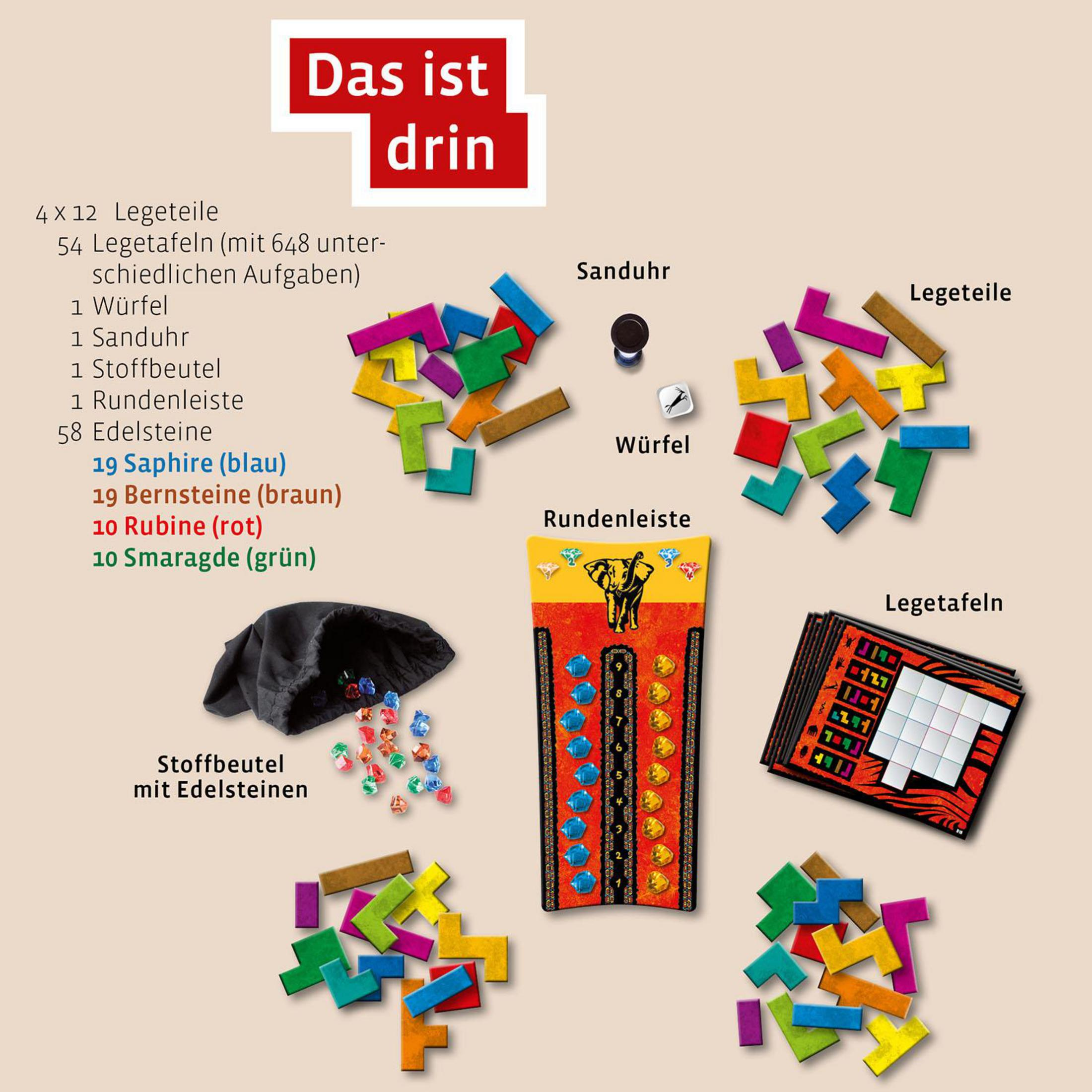 Componenti di Ubongo Classic. Include pezzi di puzzle, gemme, dadi e un tabellone di gioco.