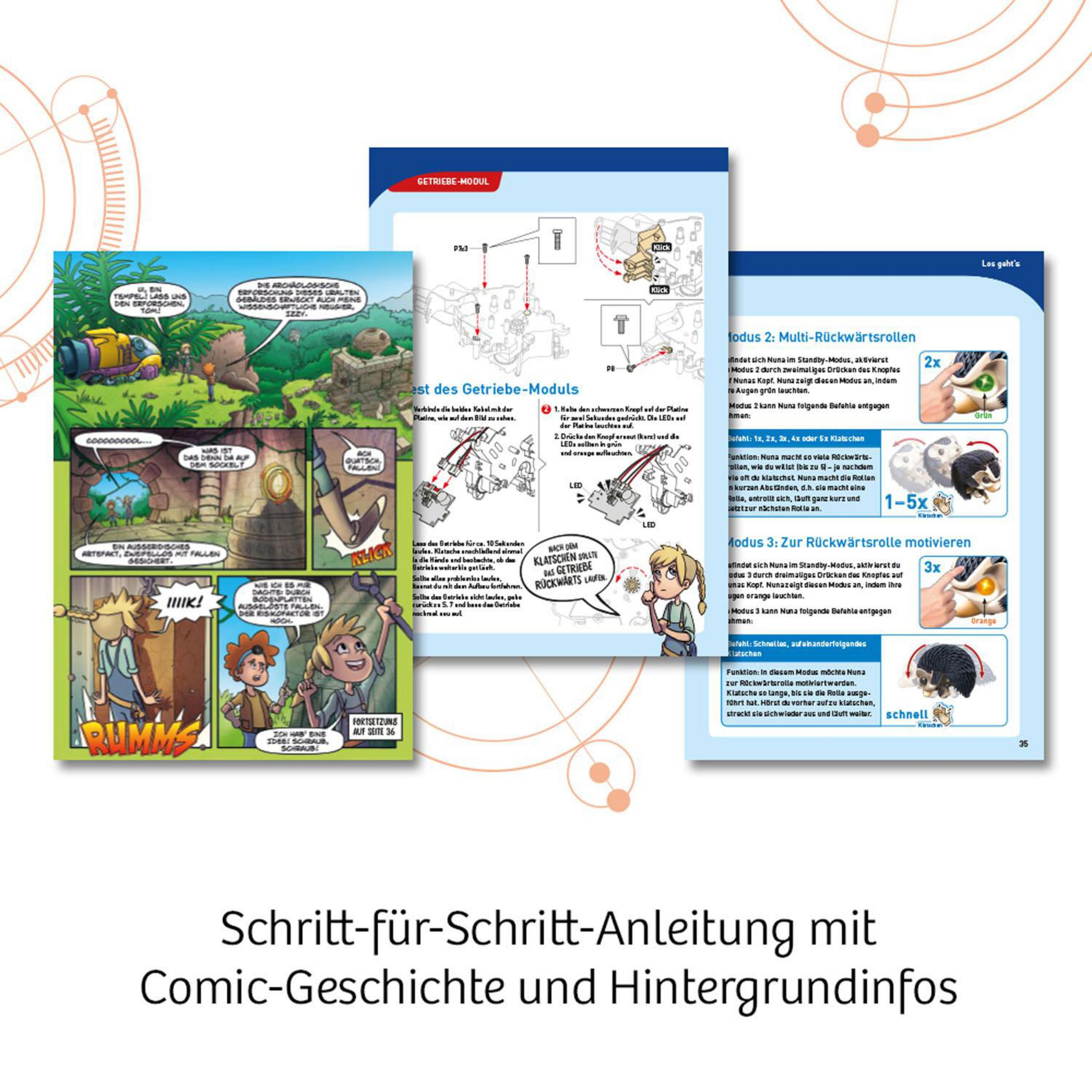 Bedienungsanleitung mit Comic-Streifen. Zeigt Schritt-für-Schritt-Bauanleitungen und Hintergrundinfos.