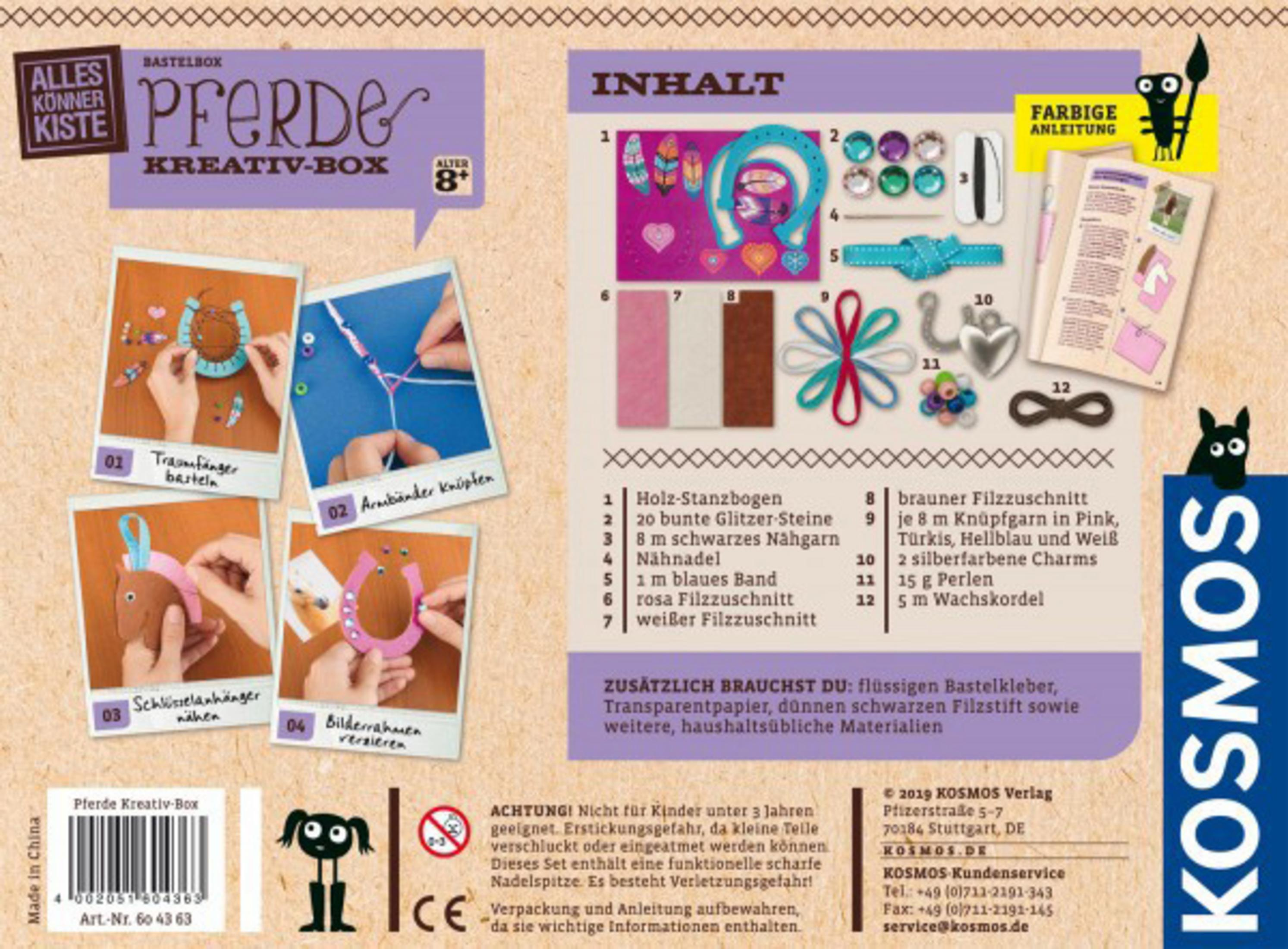 Set scatola di un kit creativo a tema cavallo con vari materiali e istruzioni.