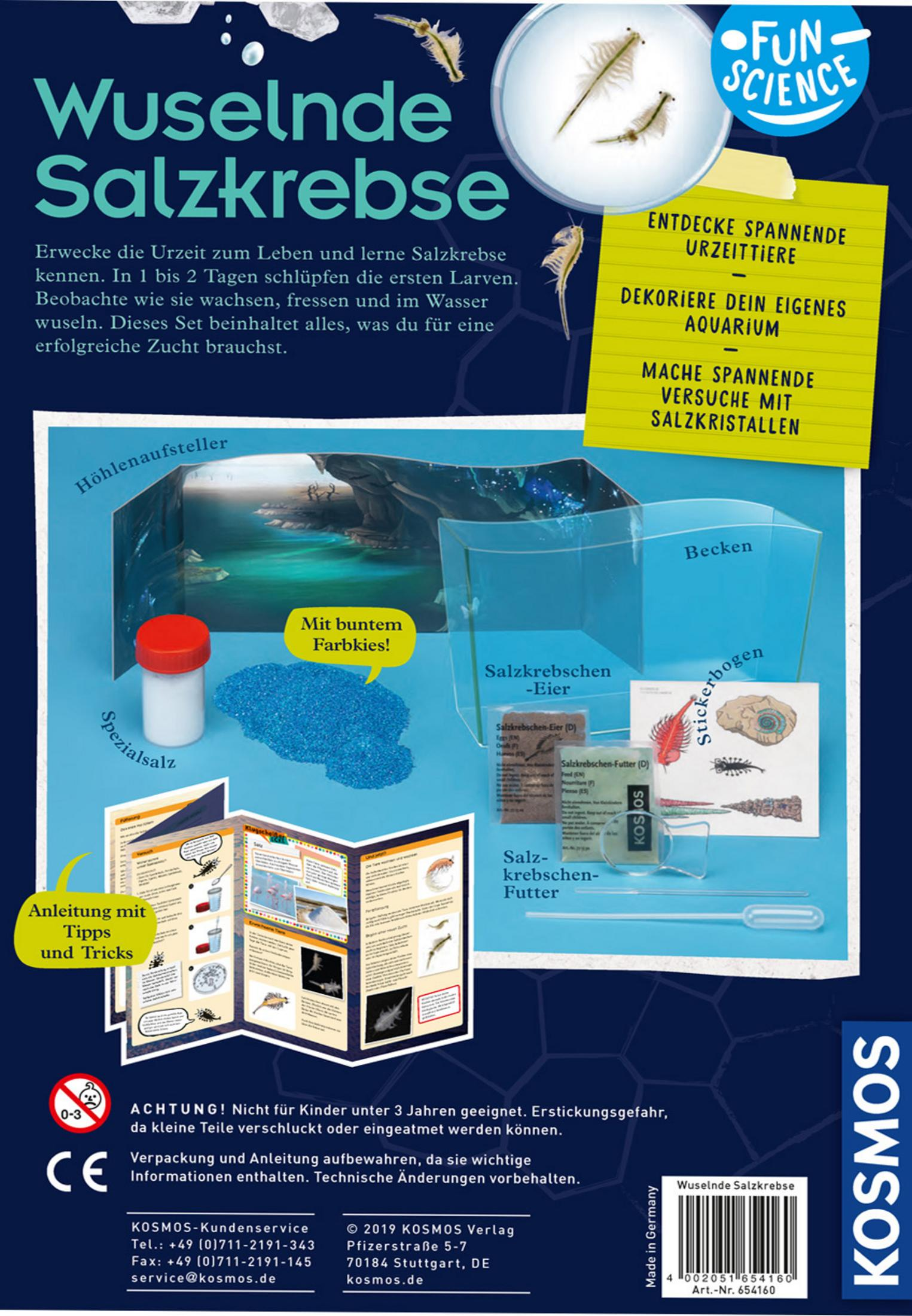Rückseite eines Box-Kits mit deutschem Text, enthält Salzkrebseier und Anweisungen für ein Aquarium.