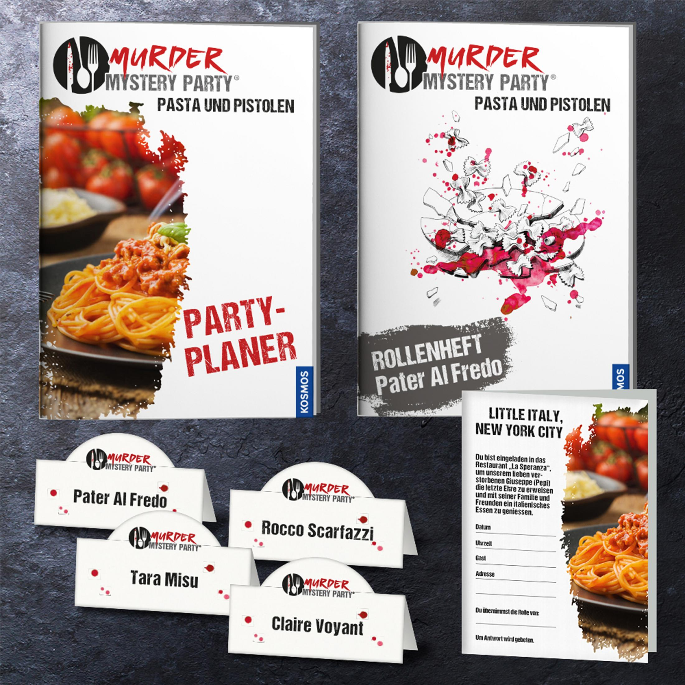 Diversi elementi: un party planner, un libretto e dei segnaposto per un gioco di mistero.